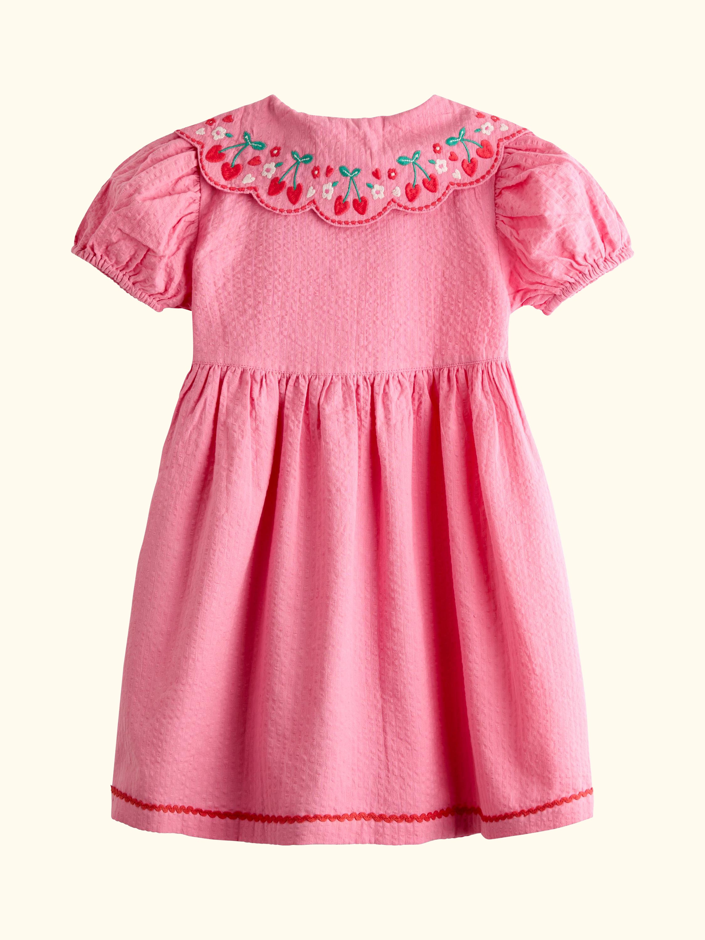 Kids' Embroidered Puff Sleeve Seersucker Dress, Bright Pink