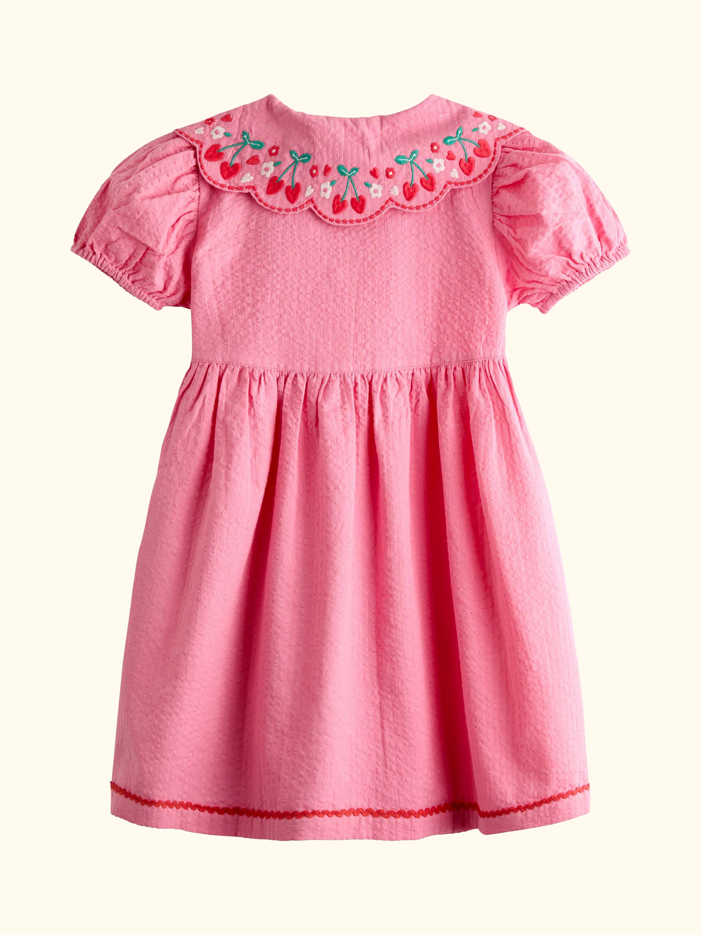 Kids' Embroidered Puff Sleeve Seersucker Dress, Bright Pink