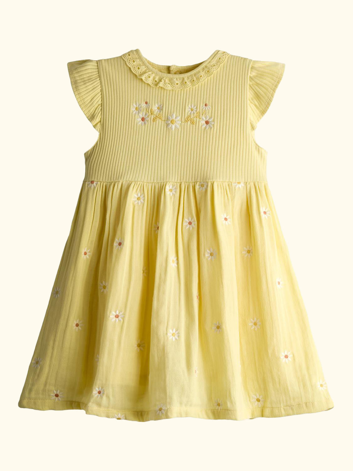 Kids' Floral Embroidered Cheesecloth Combo Dress, Mid Yellow