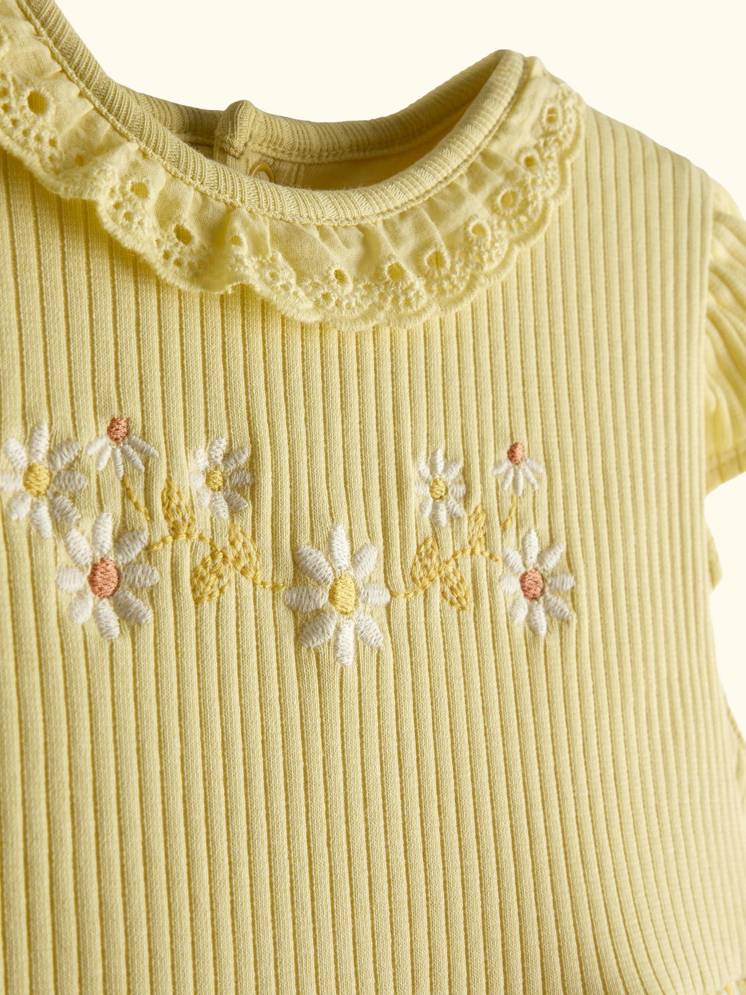 Kids' Floral Embroidered Cheesecloth Combo Dress, Mid Yellow