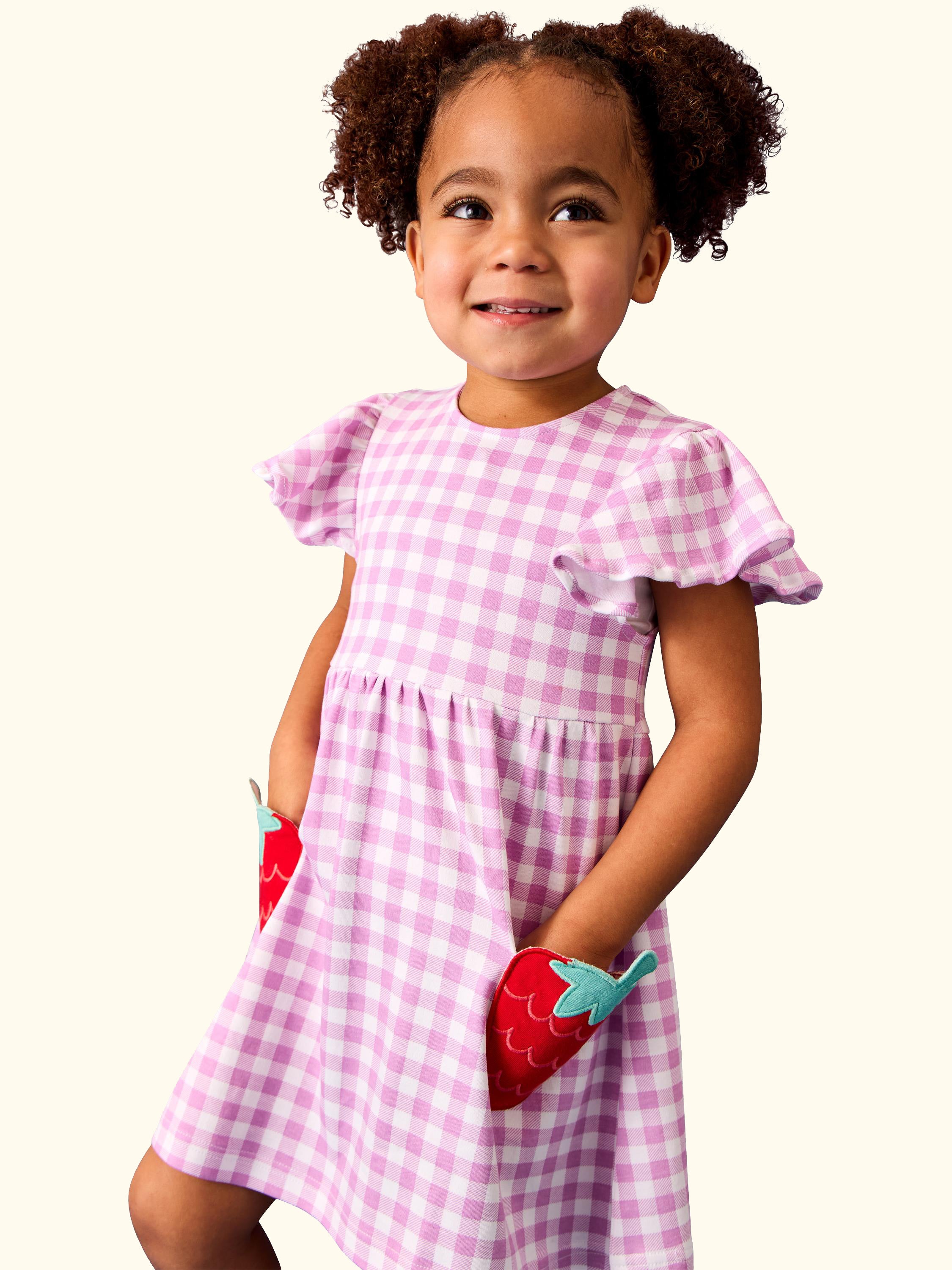 Baby Appliqué Pocket Flutter Sleeve Dress, Lilac