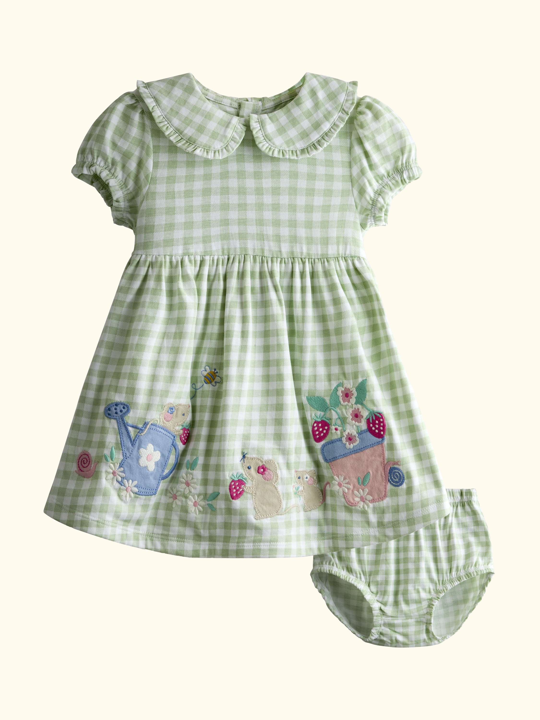 Baby Gingham Appliqué Frill Collar Dress & Bloomers Set, Lighthouse