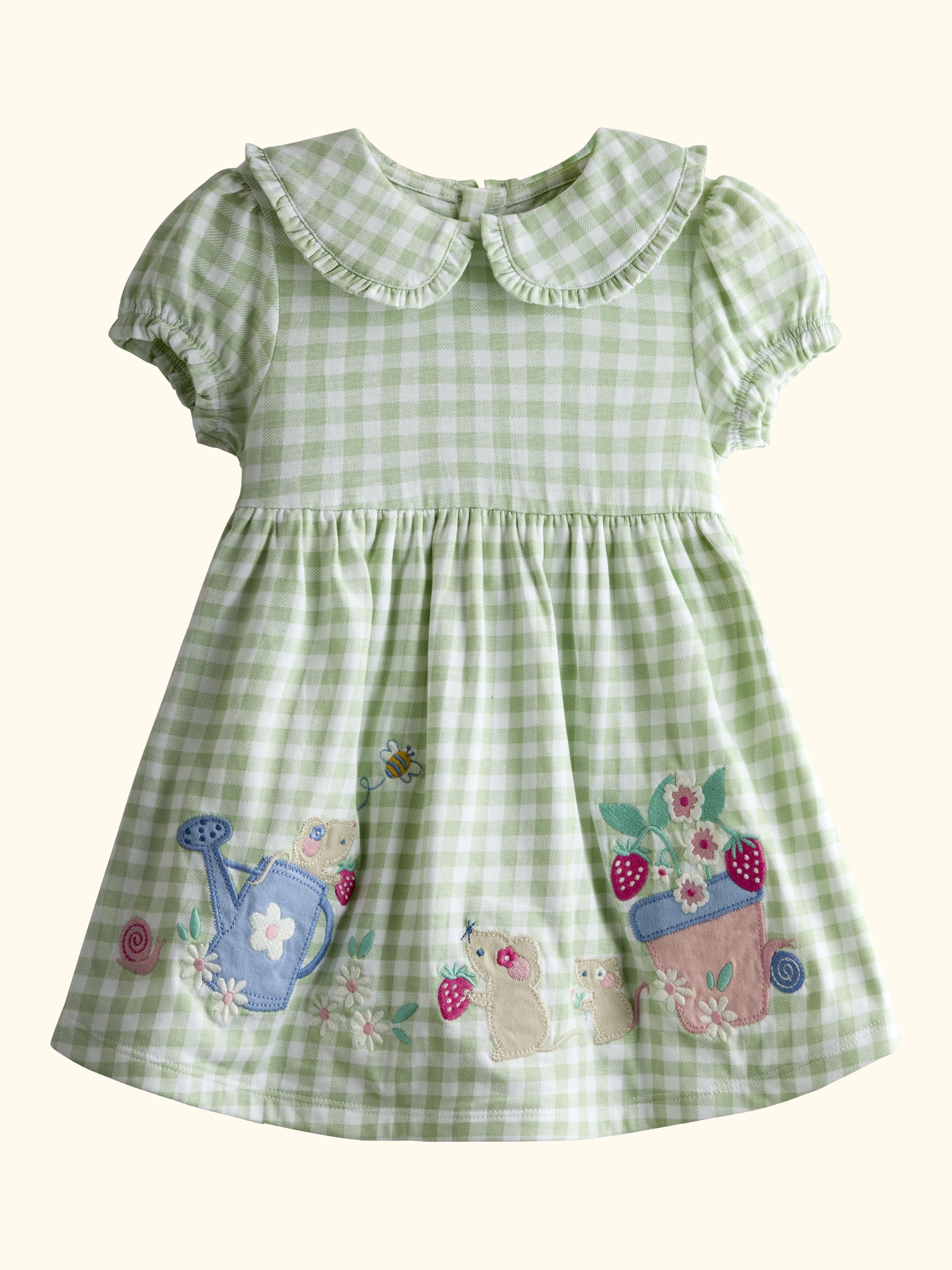 Baby Gingham Appliqué Frill Collar Dress & Bloomers Set, Lighthouse