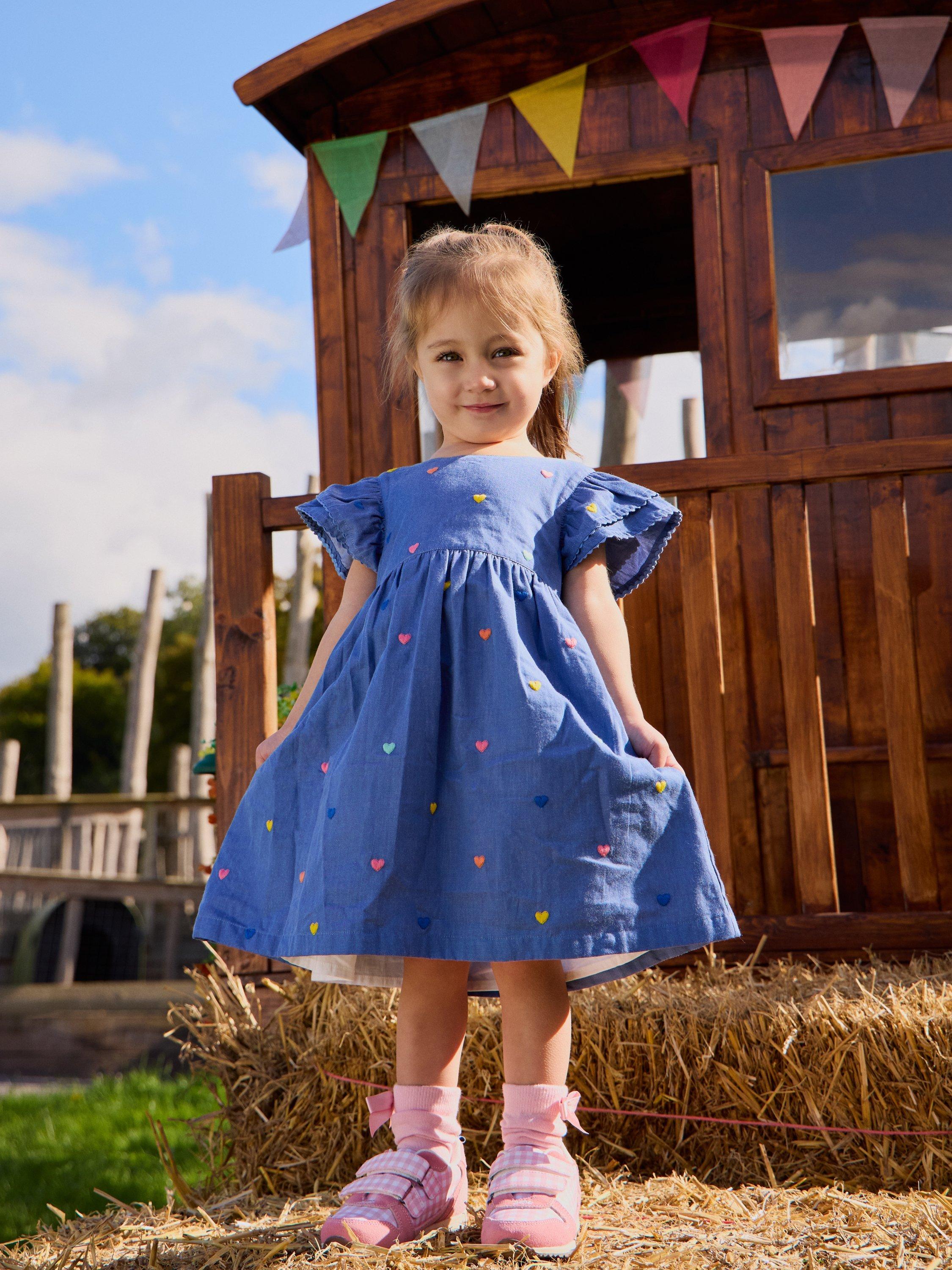 Kids' Embroidered Heart Frill Sleeve Dress, Chambray Blue