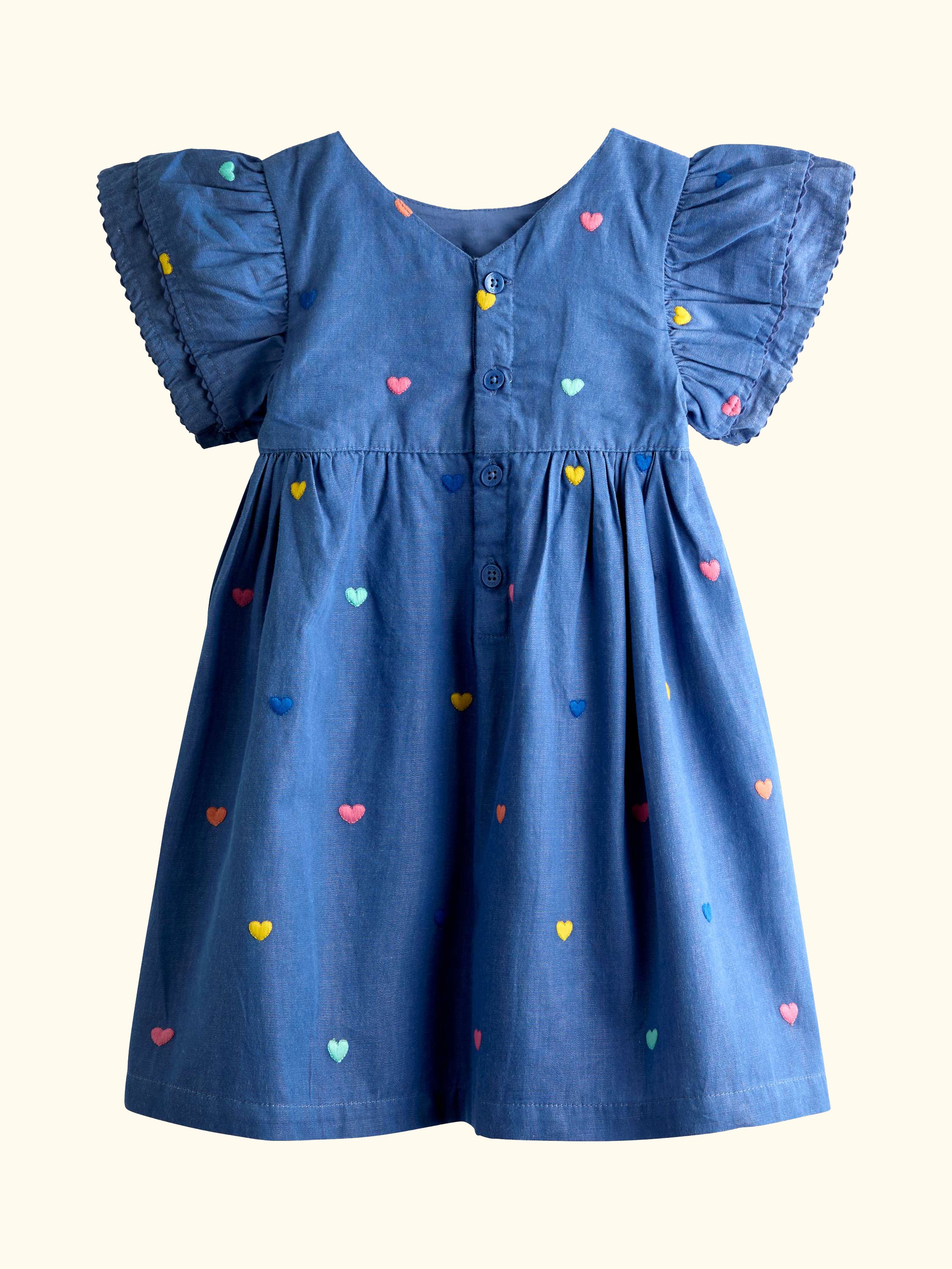 Kids' Embroidered Heart Frill Sleeve Dress, Chambray Blue