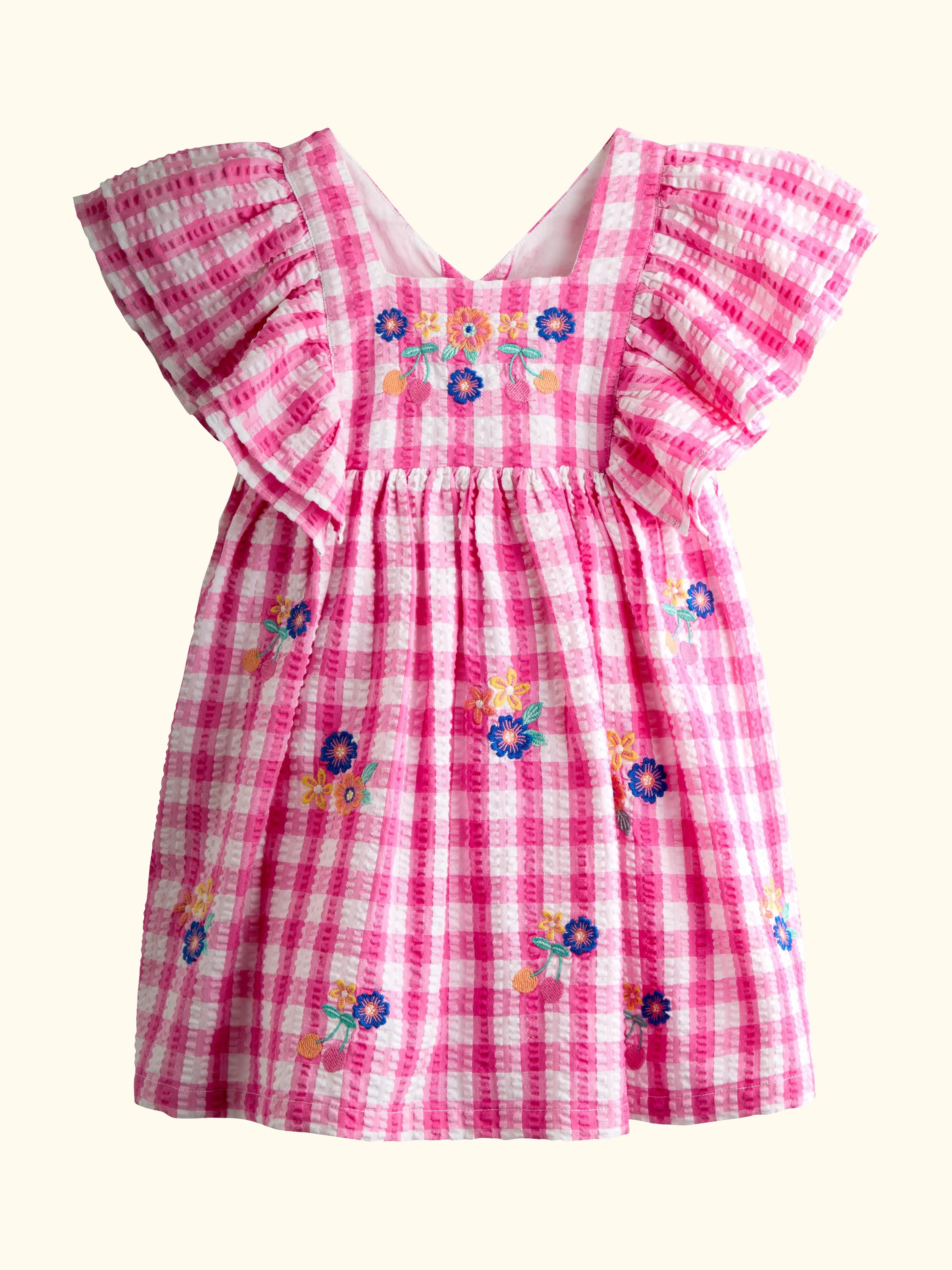 Kids' Frill Square Neck Gingham Dress, Bright Pink
