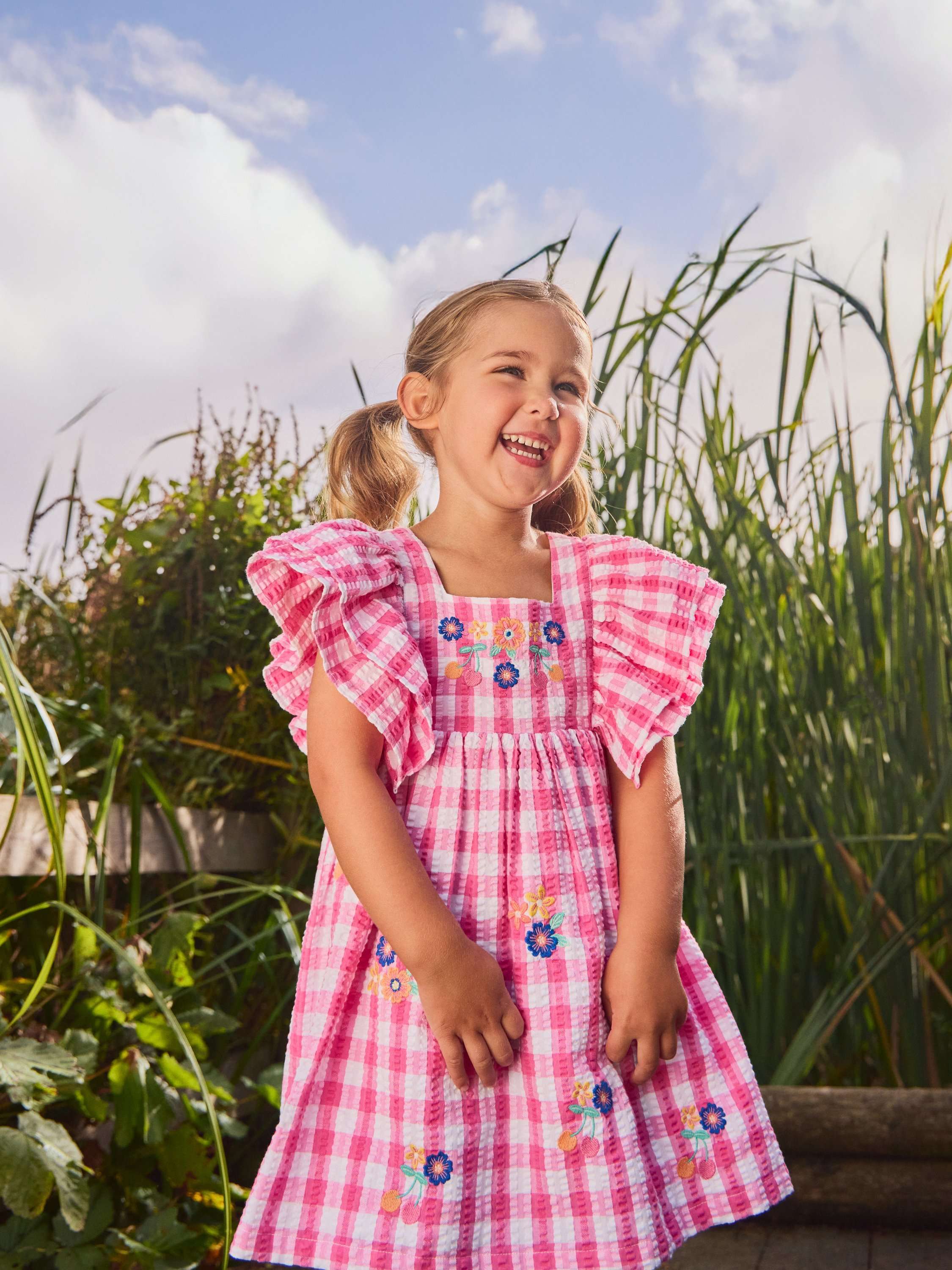 Kids' Frill Square Neck Gingham Dress, Bright Pink
