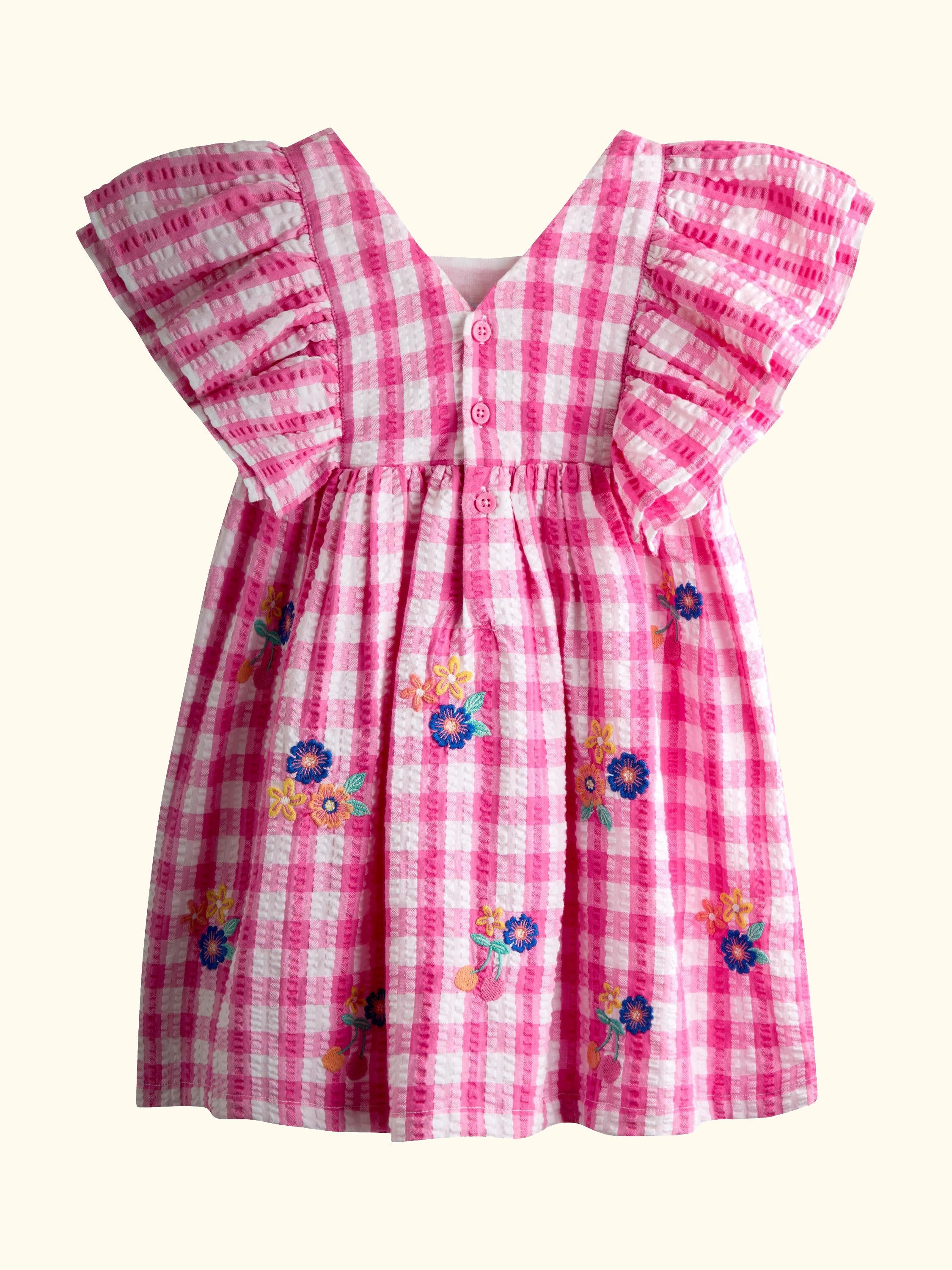 Kids' Frill Square Neck Gingham Dress, Bright Pink