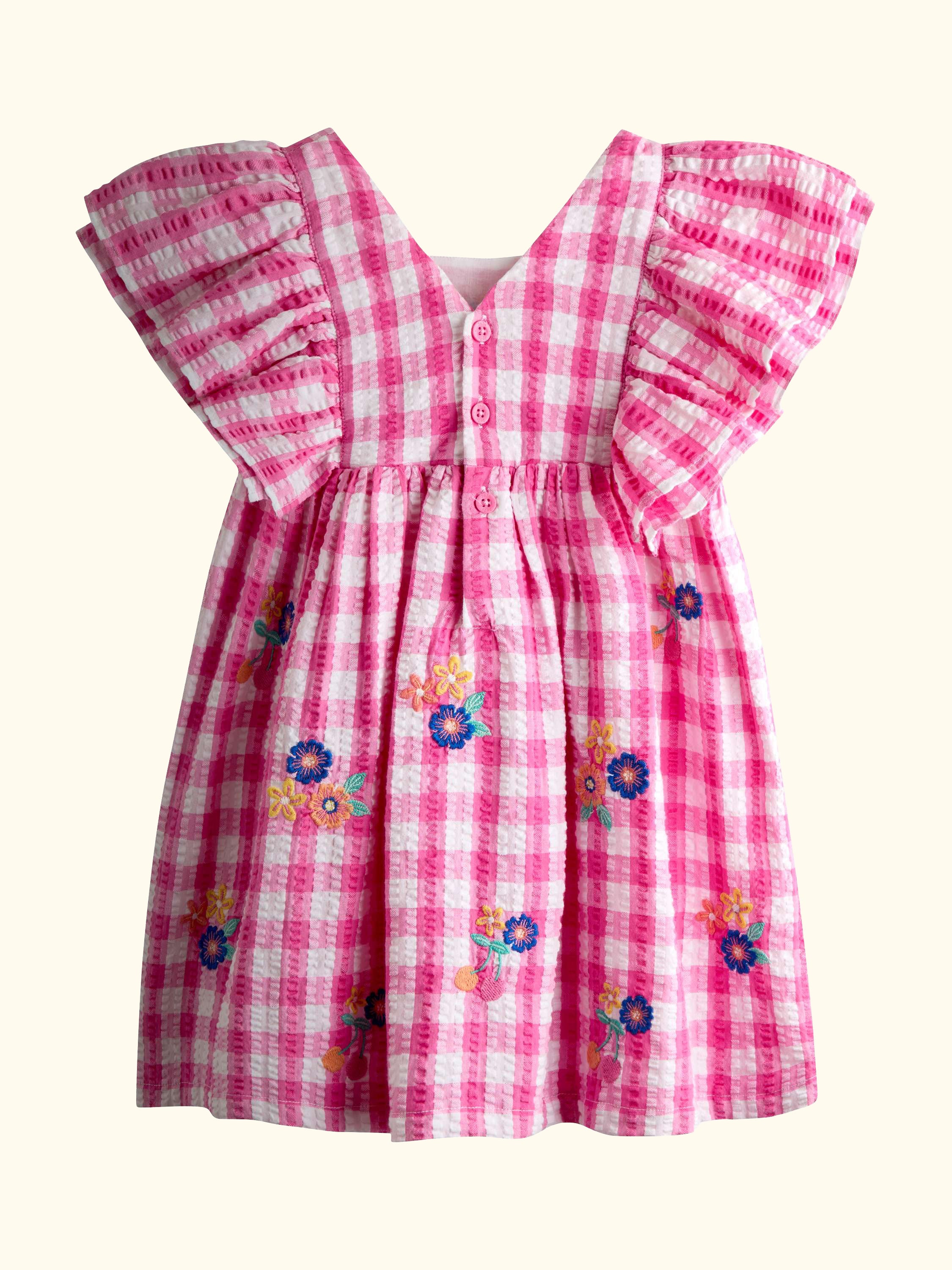 Kids' Frill Square Neck Gingham Dress, Bright Pink