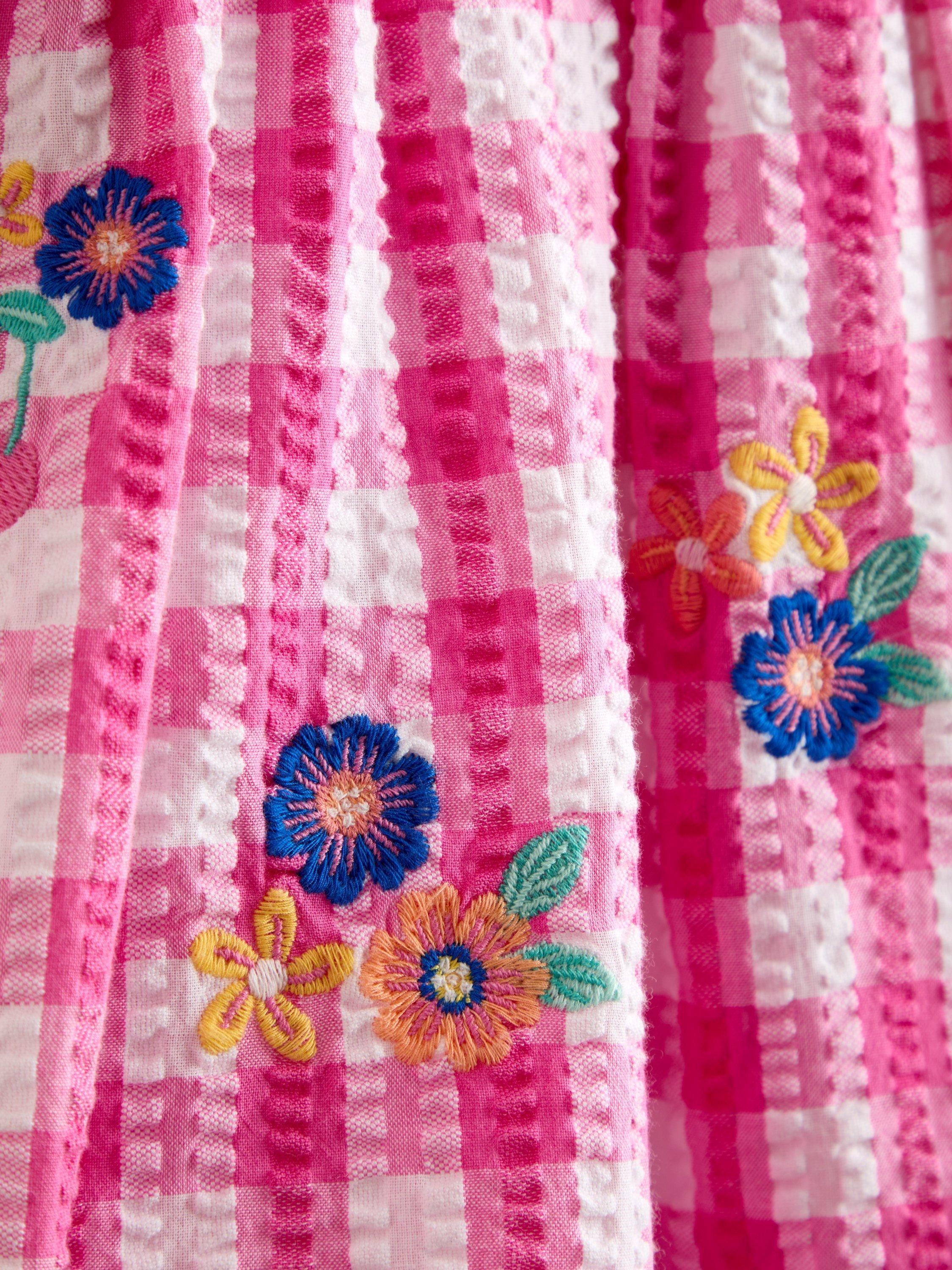 Kids' Frill Square Neck Gingham Dress, Bright Pink