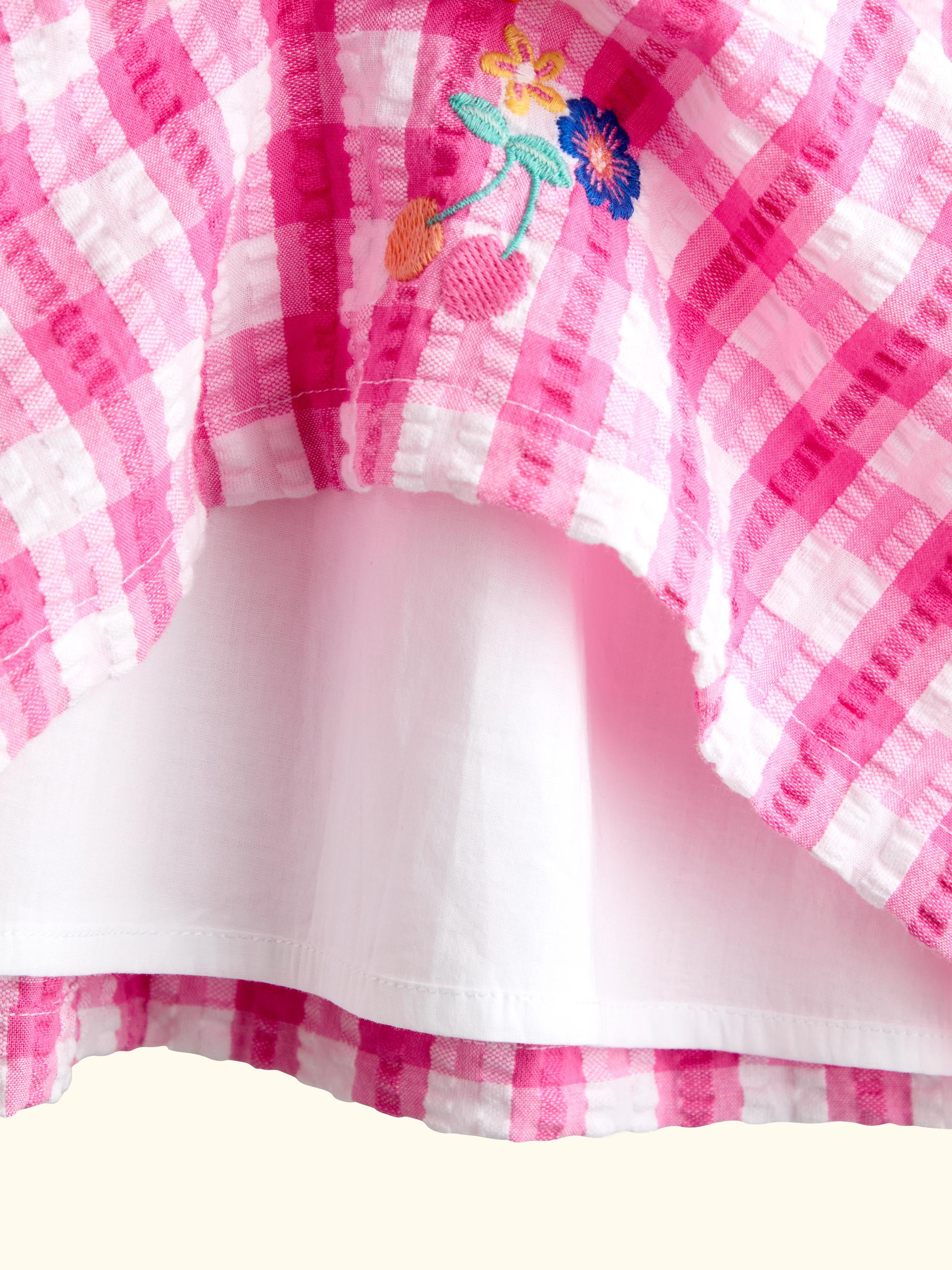 Kids' Frill Square Neck Gingham Dress, Bright Pink
