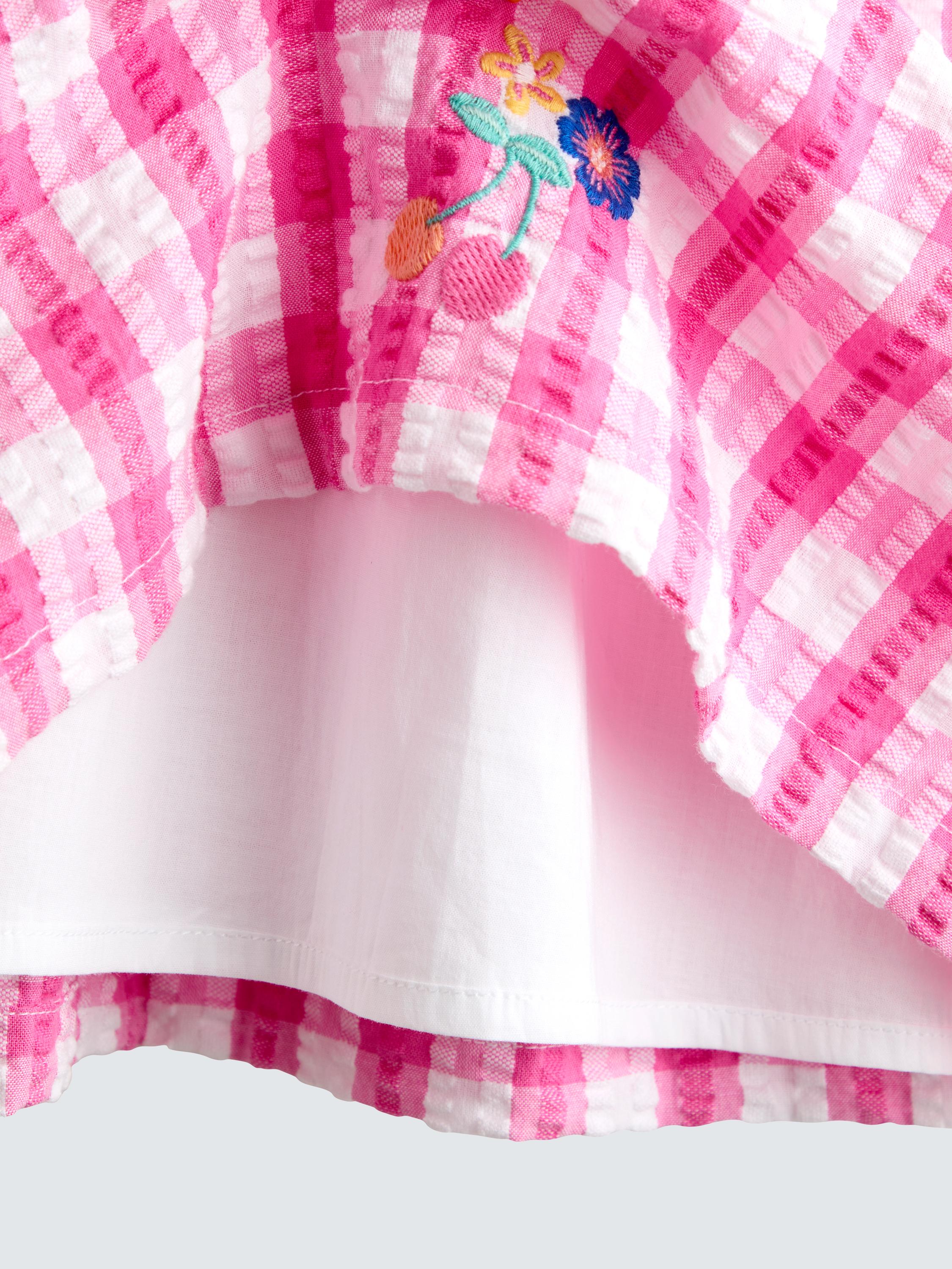 Kids' Frill Square Neck Gingham Dress, Bright Pink