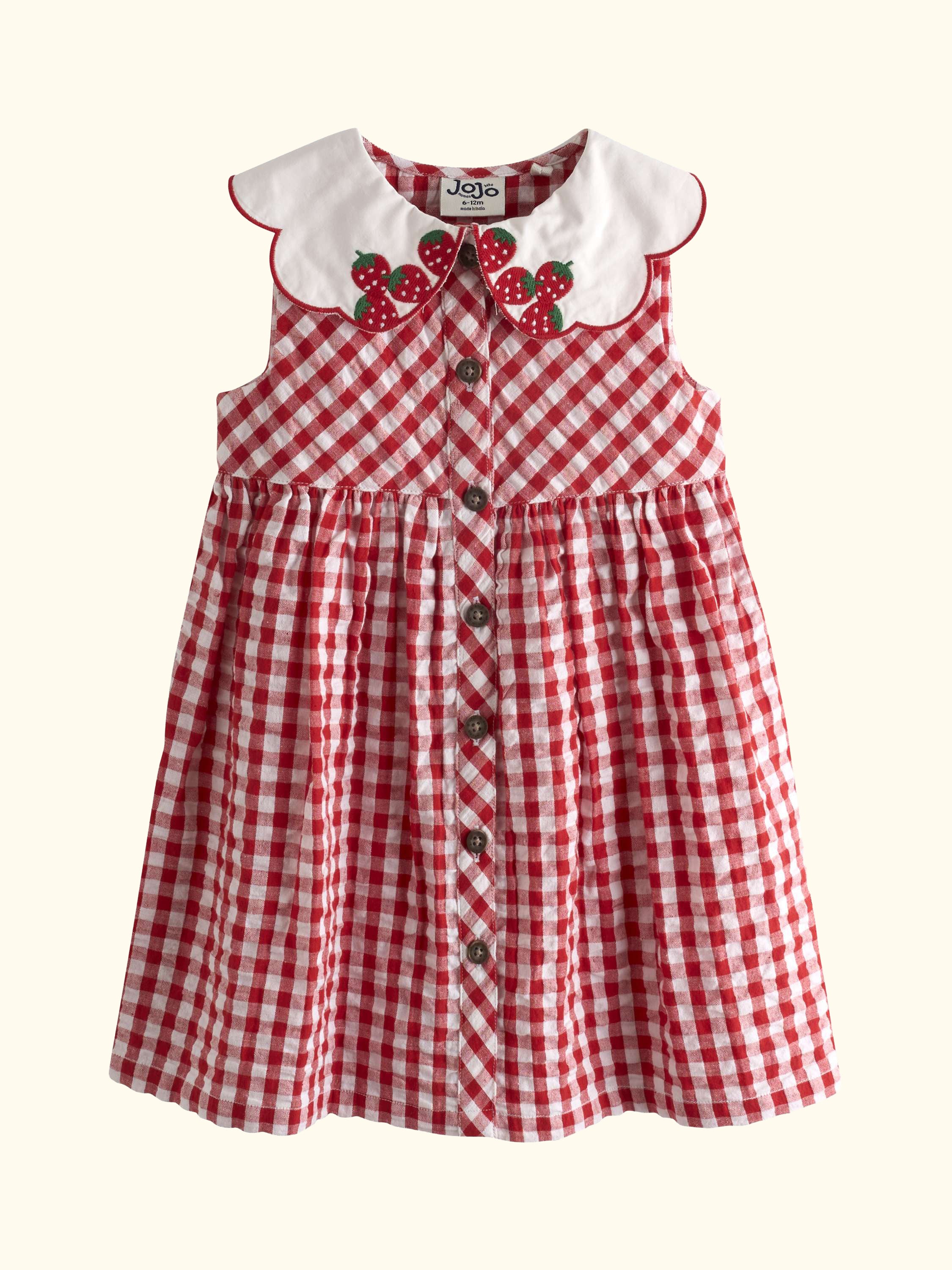 Kids' Gingham Collared Button Dress, Bright Red