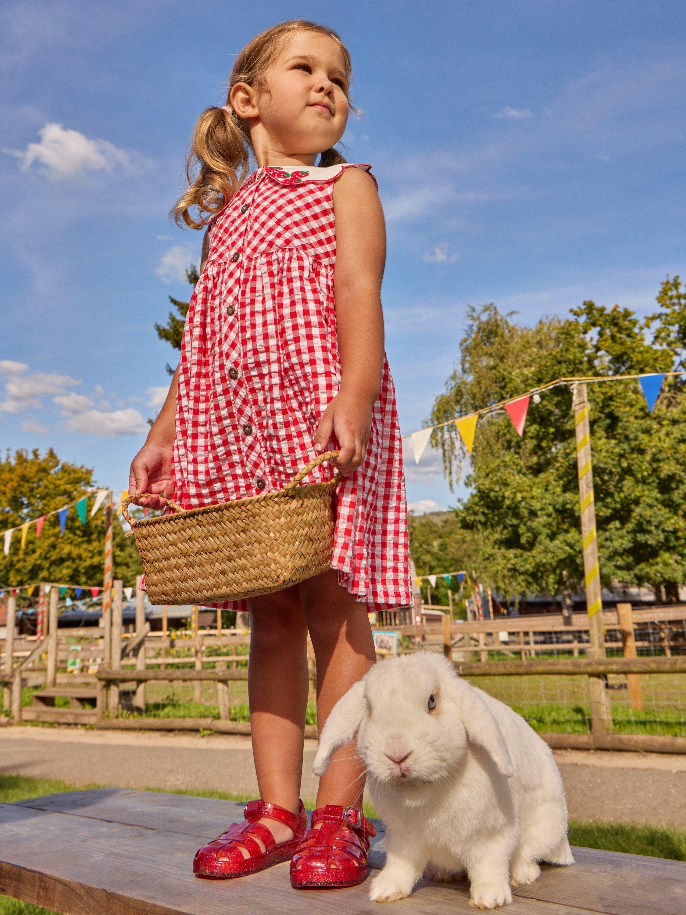 Kids' Gingham Collared Button Dress, Bright Red