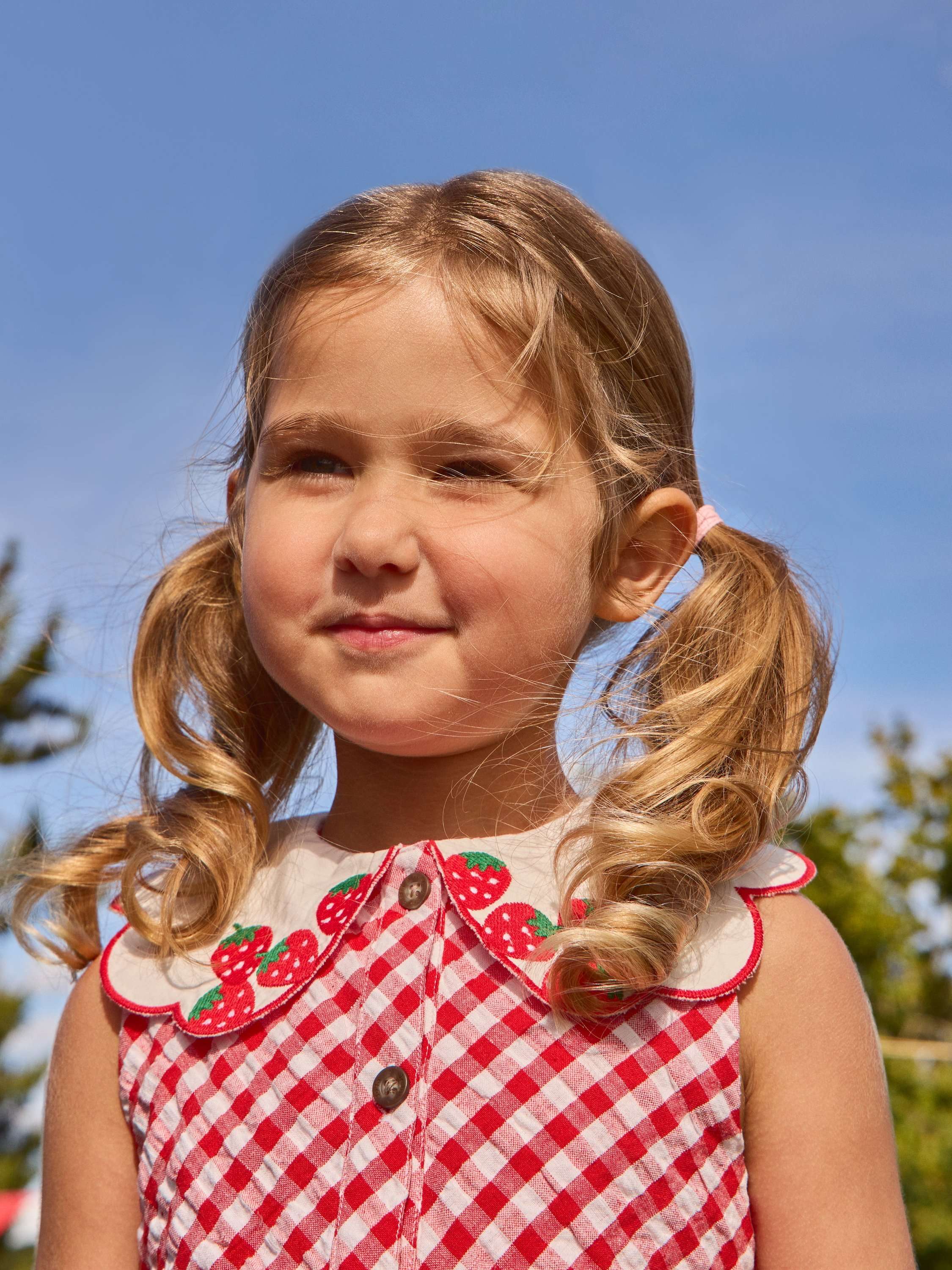 Kids' Gingham Collared Button Dress, Bright Red