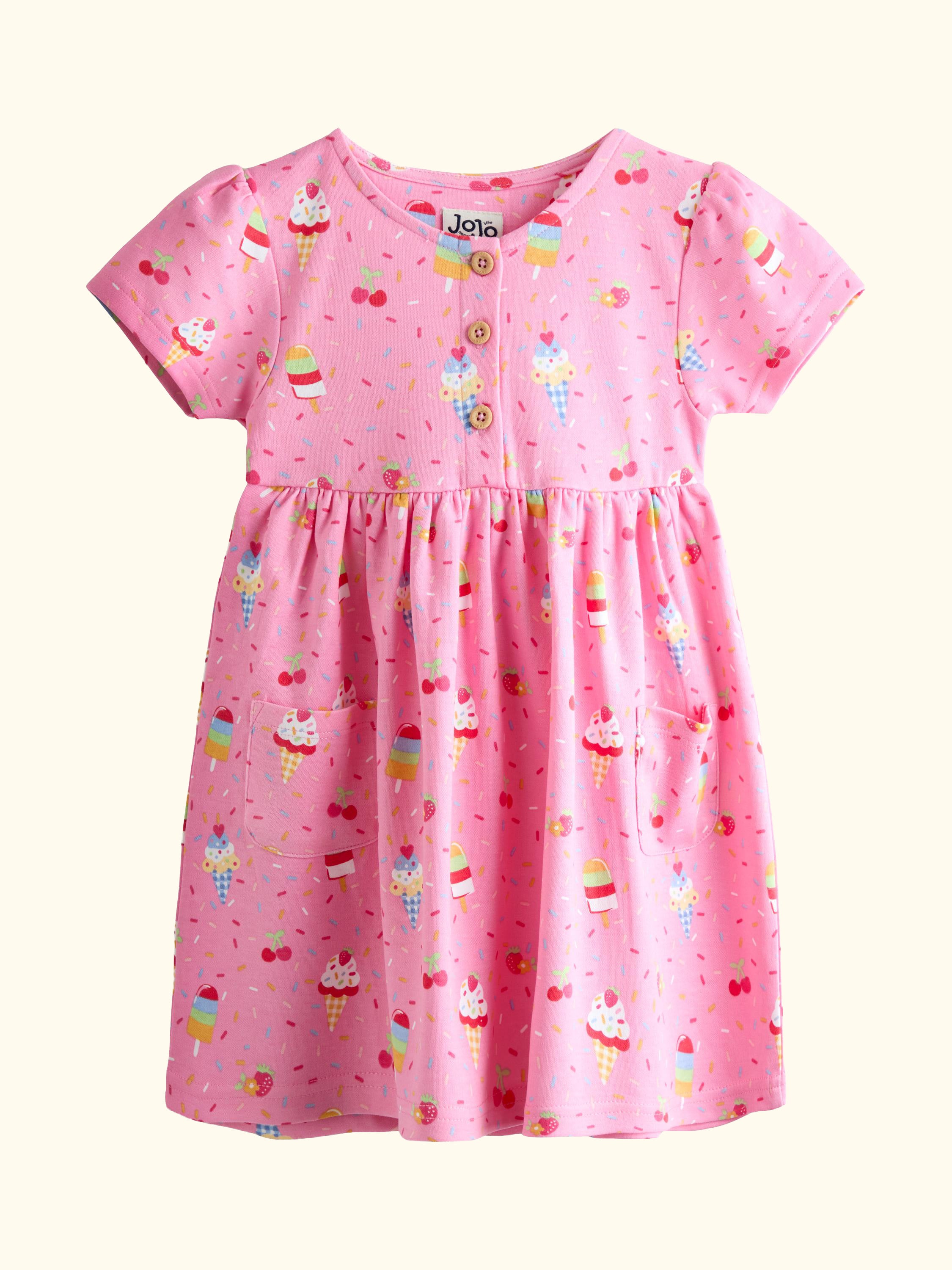Kids' Button Down Ice Cream Pet in Pocket Dress, Bright Pink