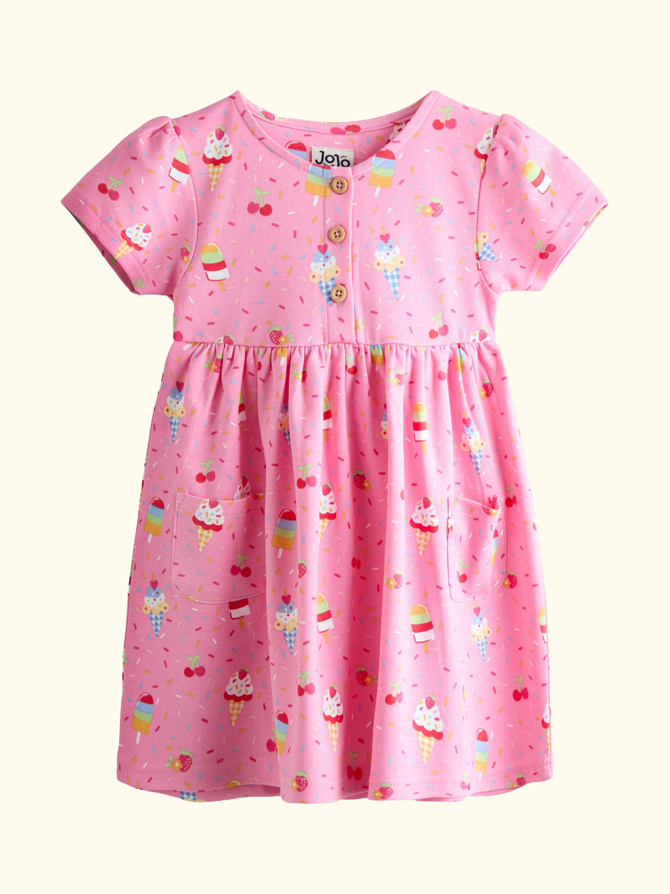 Kids' Button Down Ice Cream Pet in Pocket Dress, Bright Pink