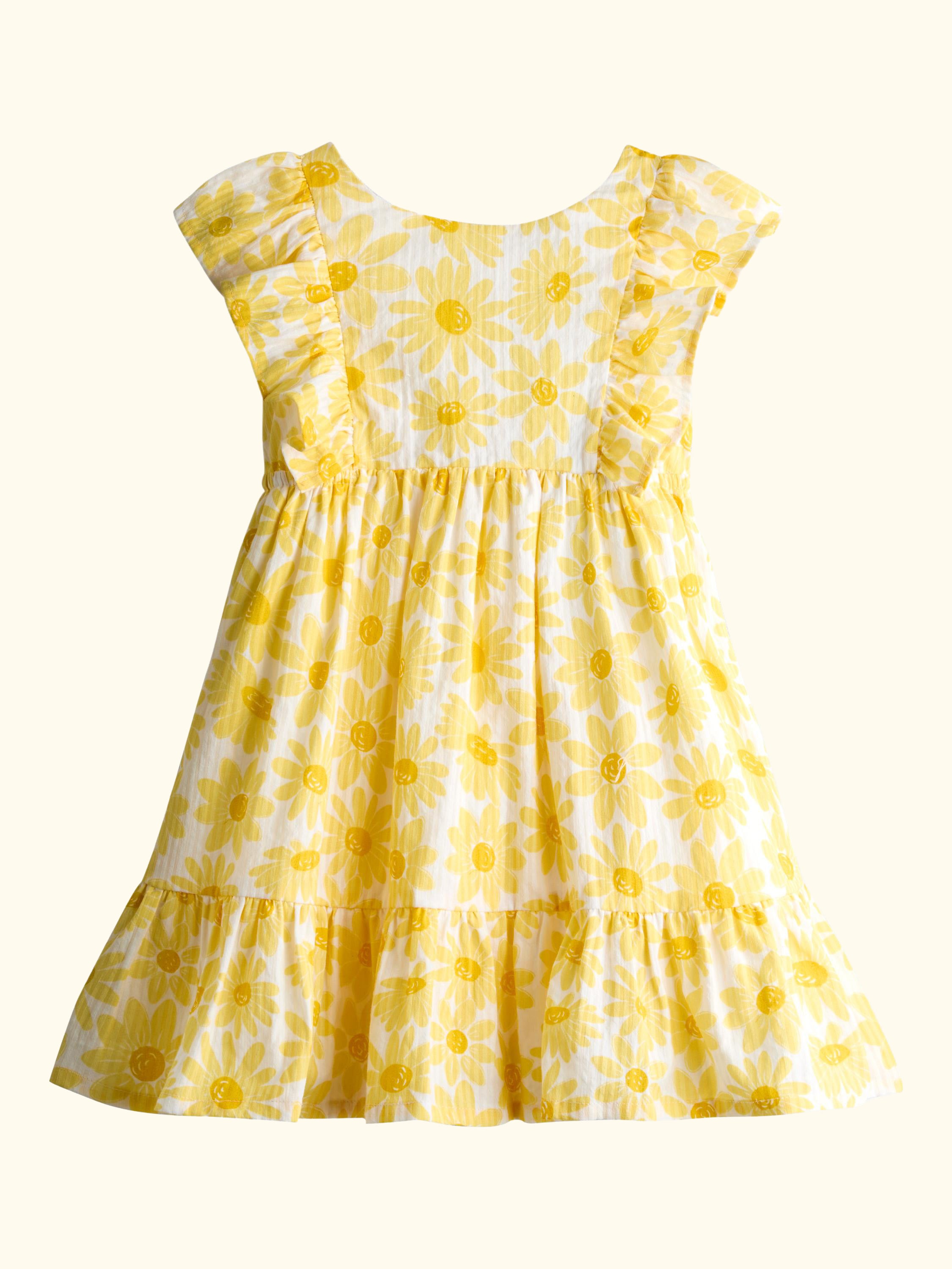 Kids' V-Back Sunflower Print Frill Dress, Bright Yellow