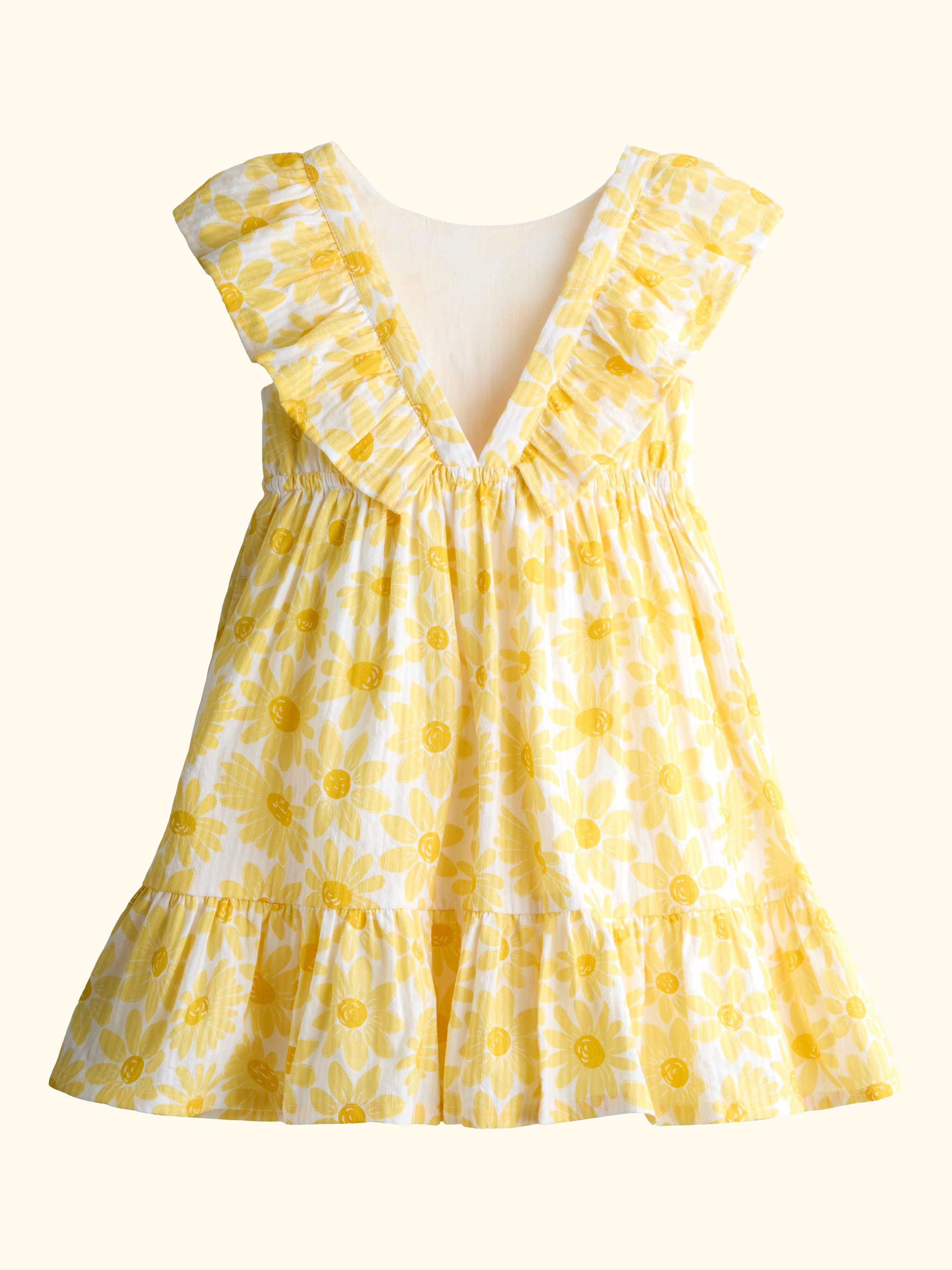 Kids' V-Back Sunflower Print Frill Dress, Bright Yellow