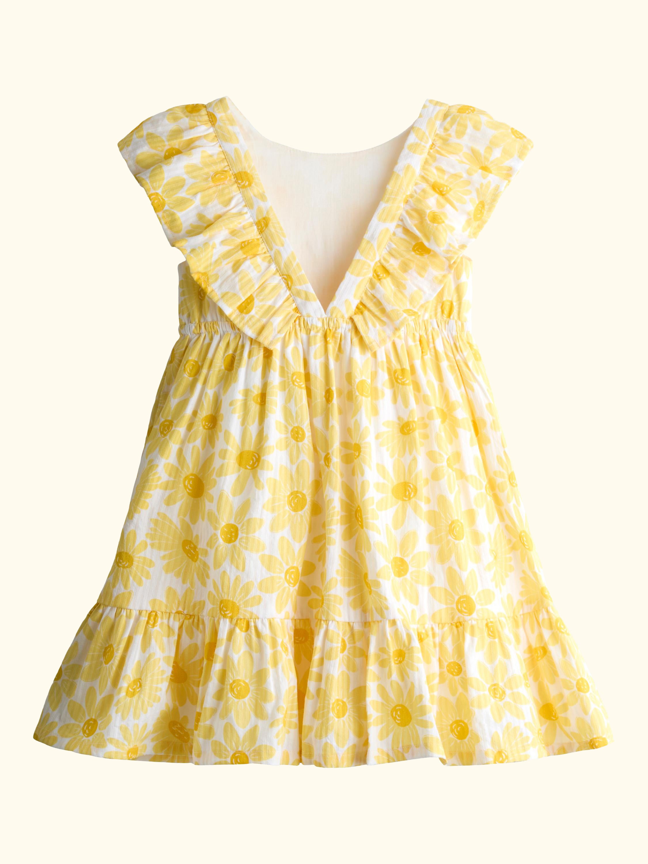 Kids' V-Back Sunflower Print Frill Dress, Bright Yellow