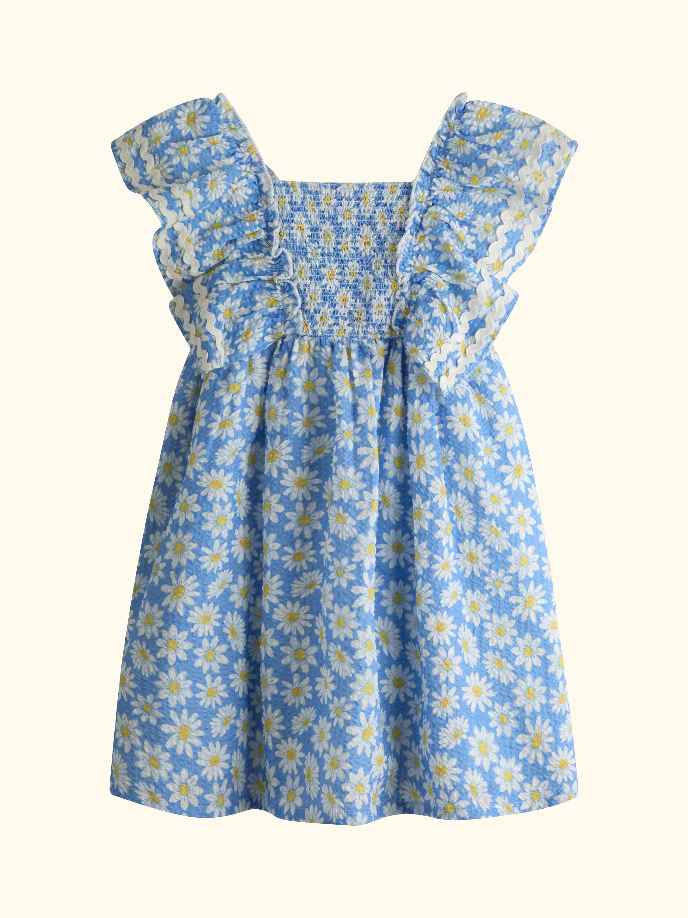 Kids' Daisy Print Frill Shoulder Smocked Dress, Mid Blue