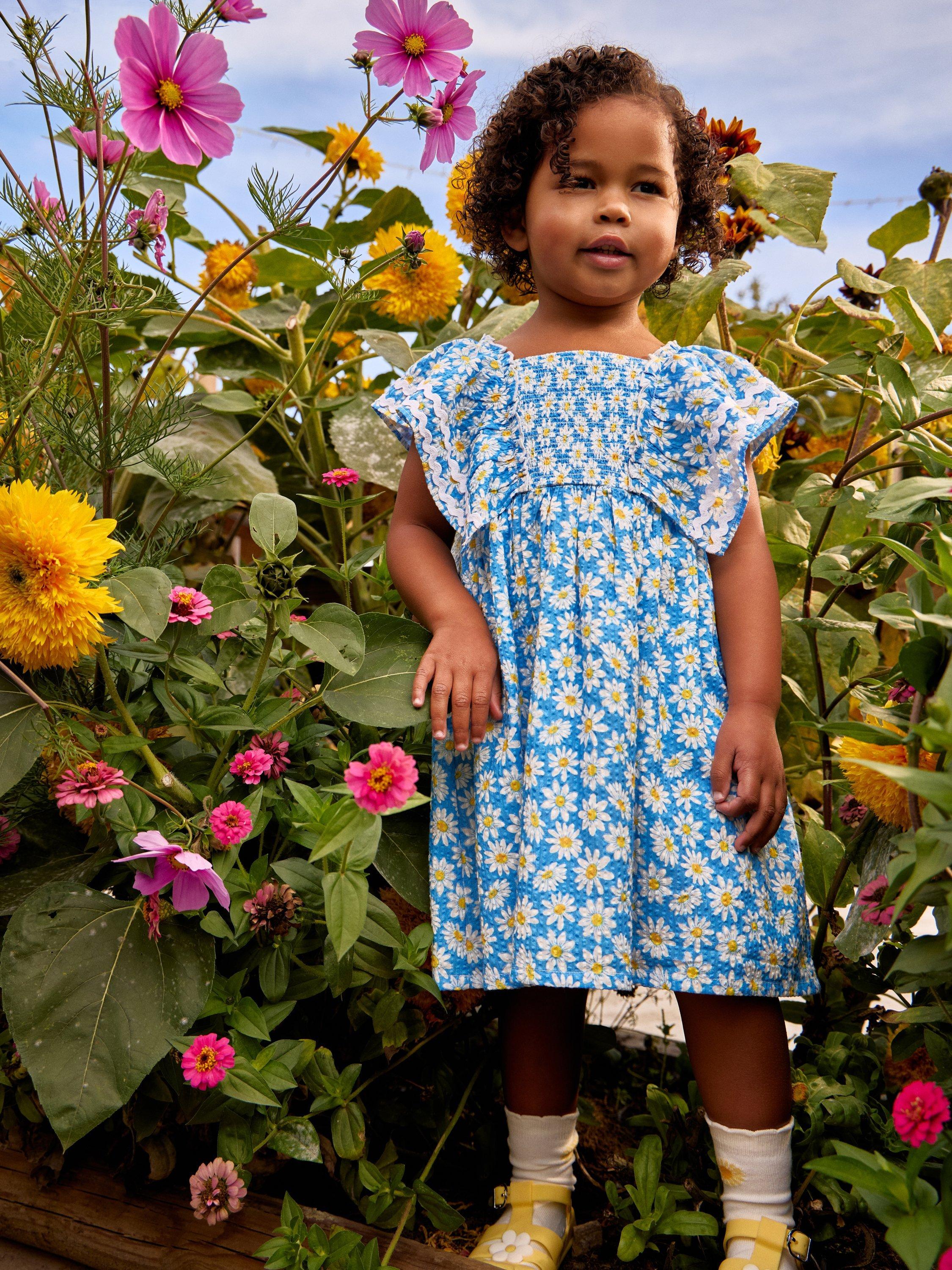 Kids' Daisy Print Frill Shoulder Smocked Dress, Mid Blue