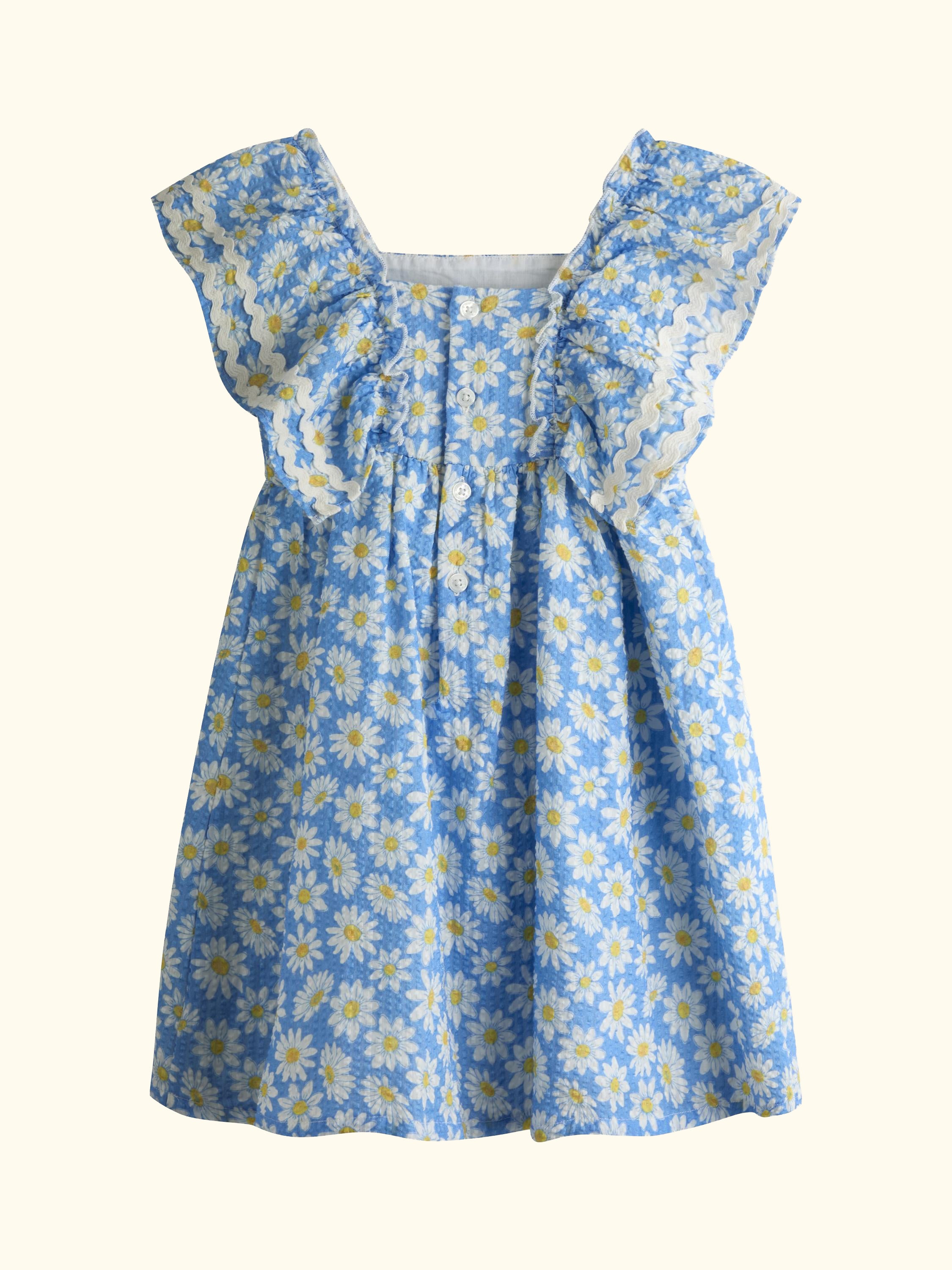 Kids' Daisy Print Frill Shoulder Smocked Dress, Mid Blue