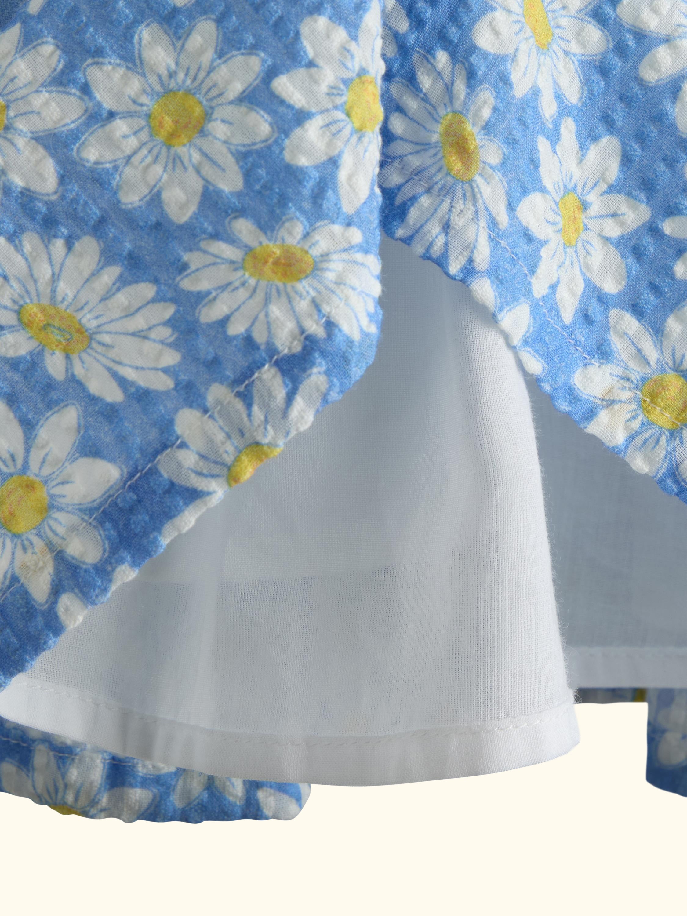 Kids' Daisy Print Frill Shoulder Smocked Dress, Mid Blue