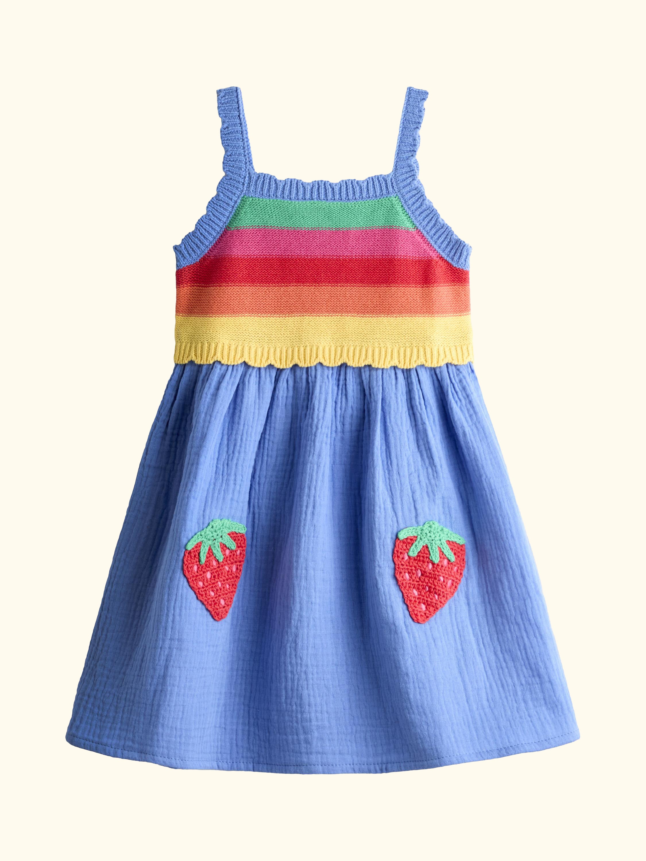 Kids' Cheesecloth and Crochet Knit Dress, Cobalt