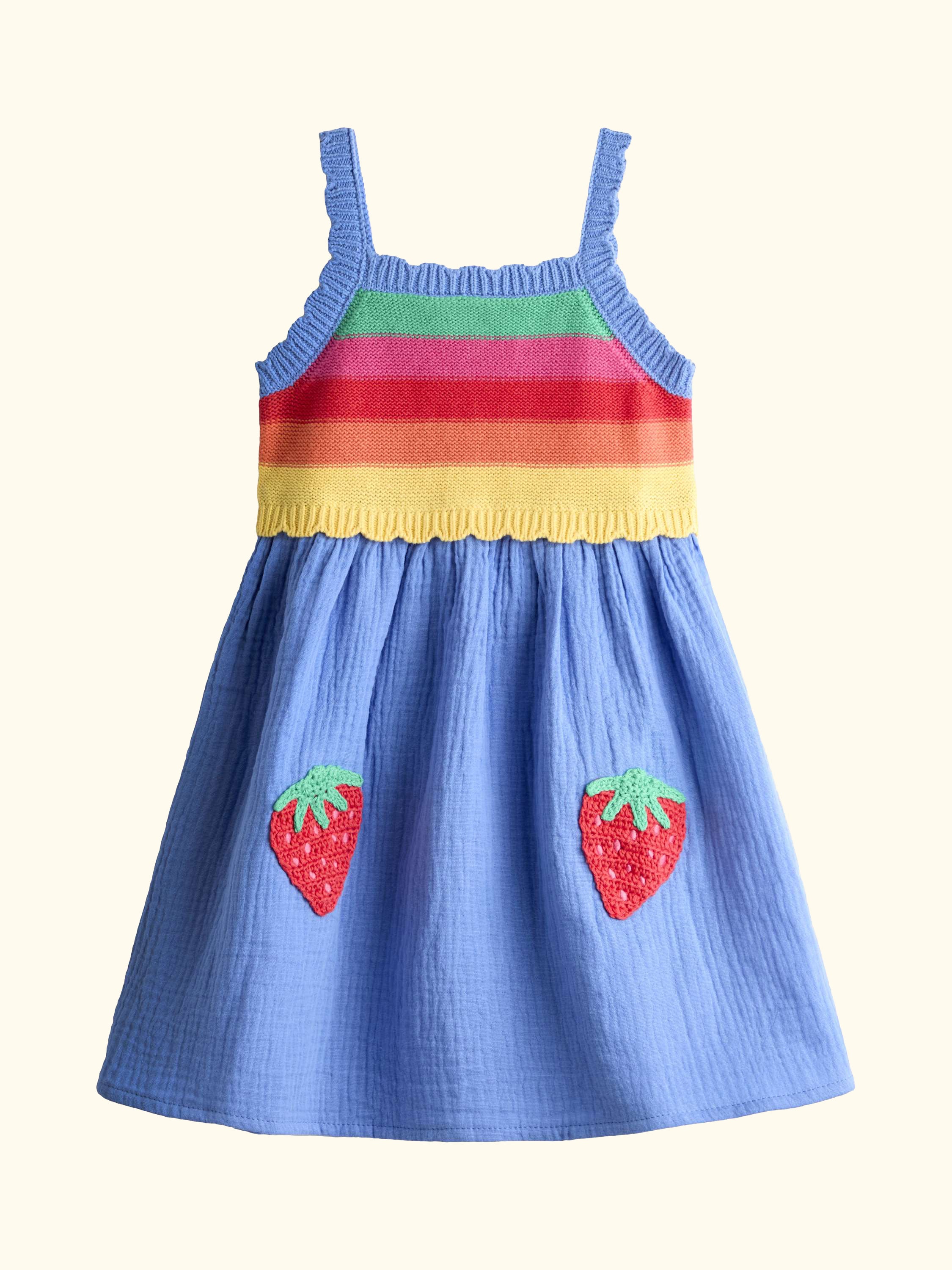 Kids' Cheesecloth and Crochet Knit Dress, Cobalt