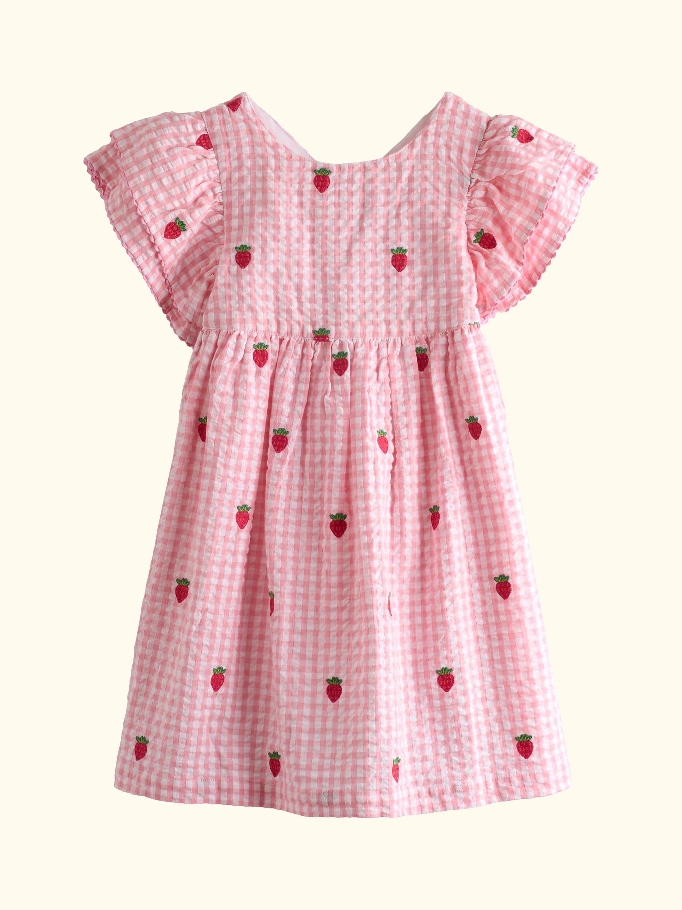 Baby Embroidered Strawberry Frill Shoulder Dress, Mid Pink