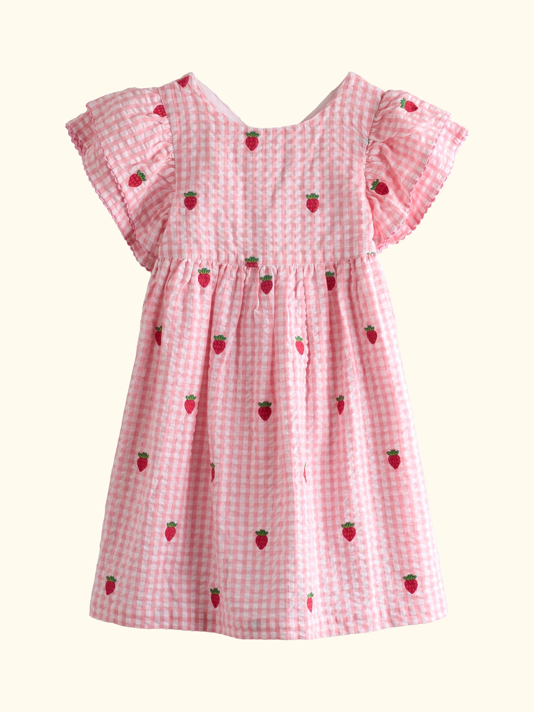 Baby Embroidered Strawberry Frill Shoulder Dress, Mid Pink