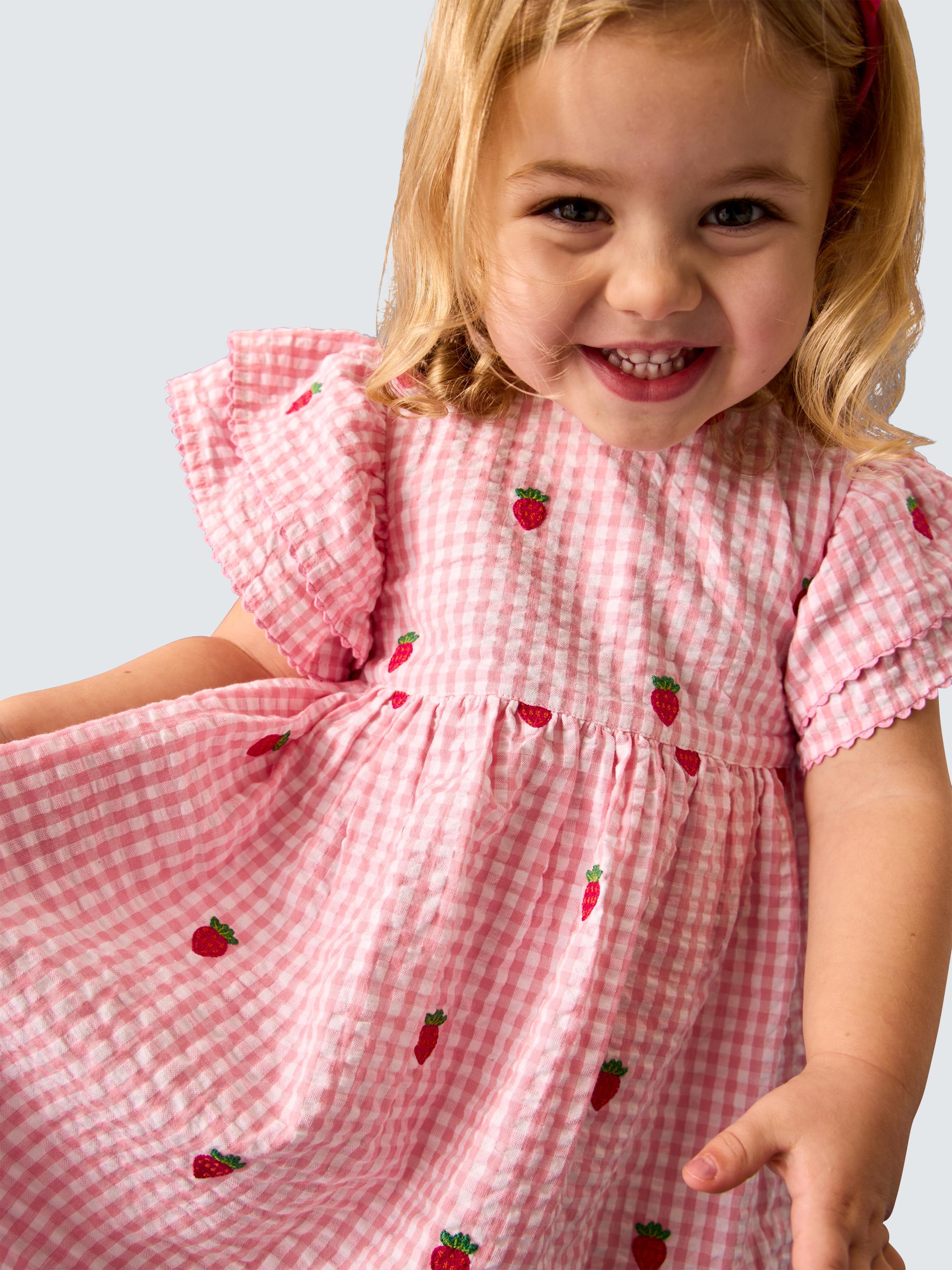 Baby Embroidered Strawberry Frill Shoulder Dress, Mid Pink