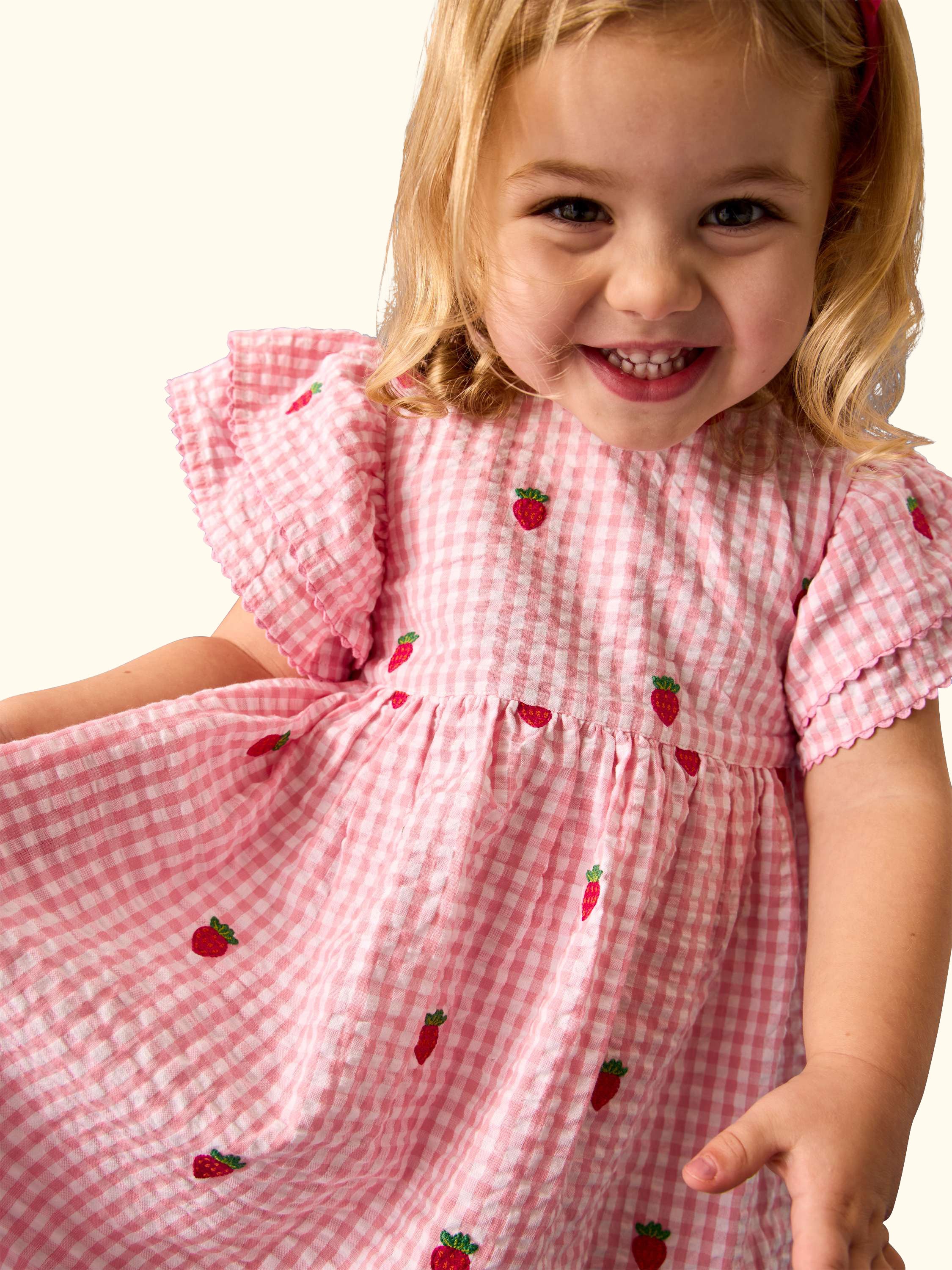 Baby Embroidered Strawberry Frill Shoulder Dress, Mid Pink