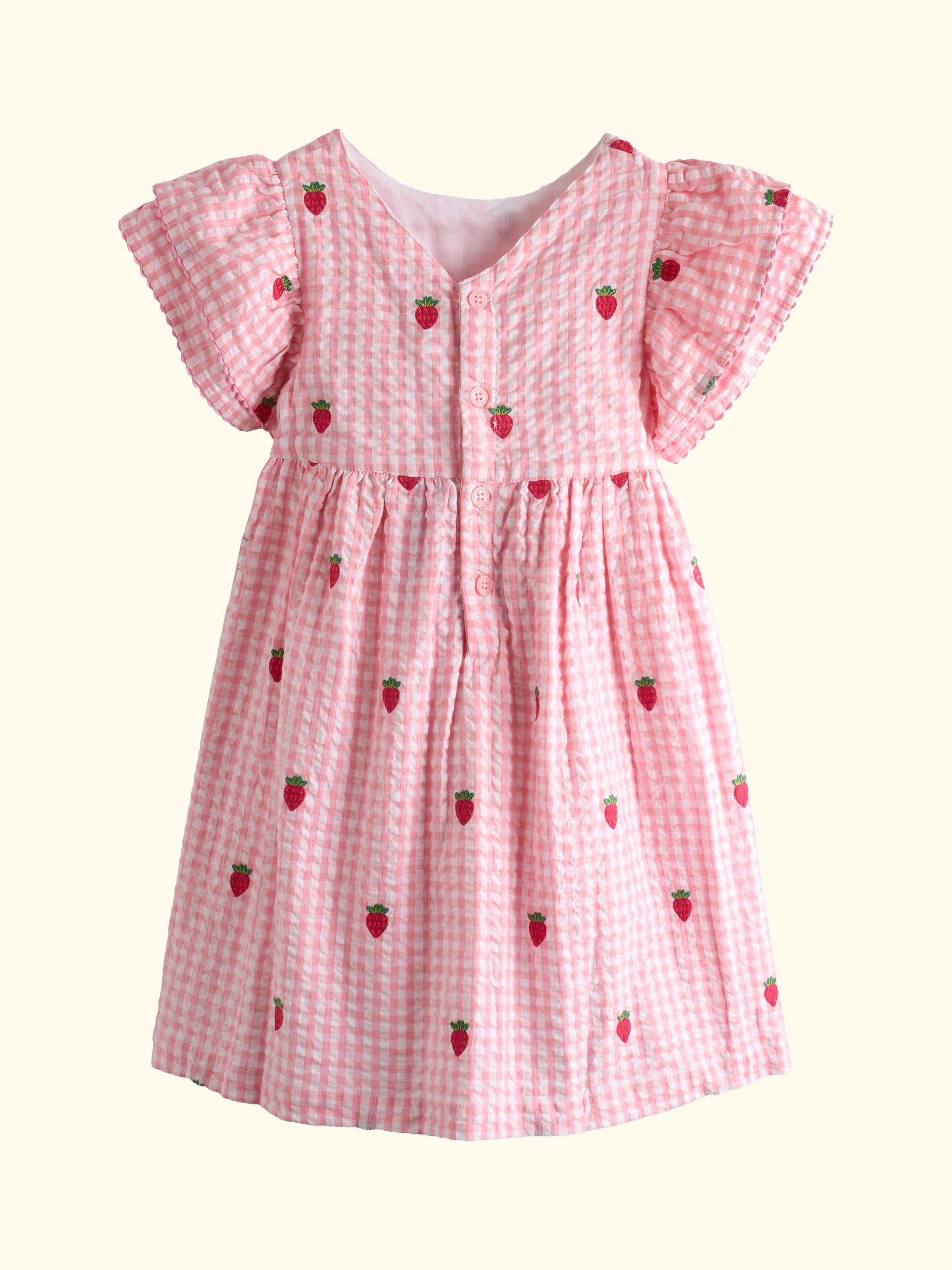Baby Embroidered Strawberry Frill Shoulder Dress, Mid Pink