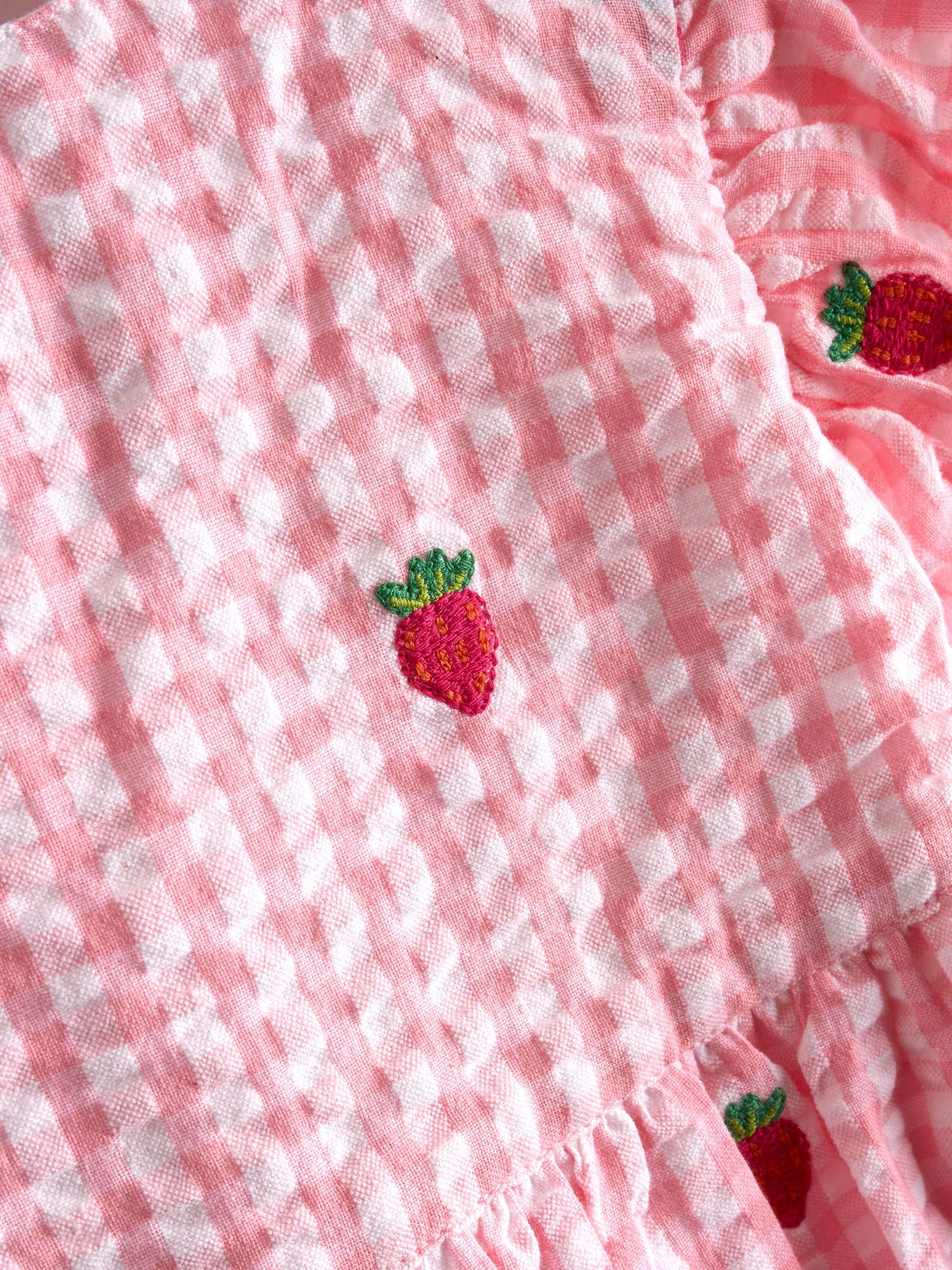 Baby Embroidered Strawberry Frill Shoulder Dress, Mid Pink