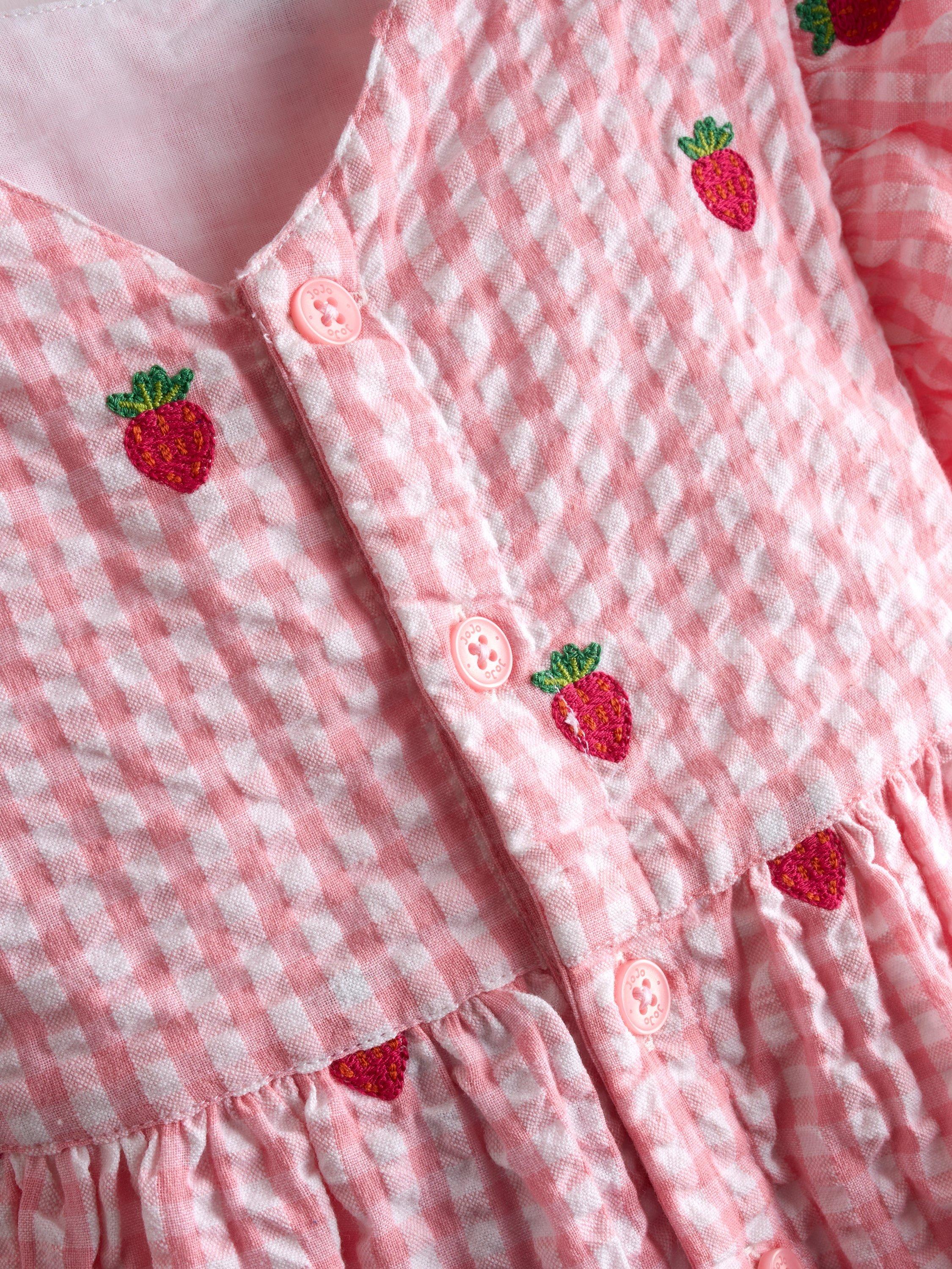 Baby Embroidered Strawberry Frill Shoulder Dress, Mid Pink