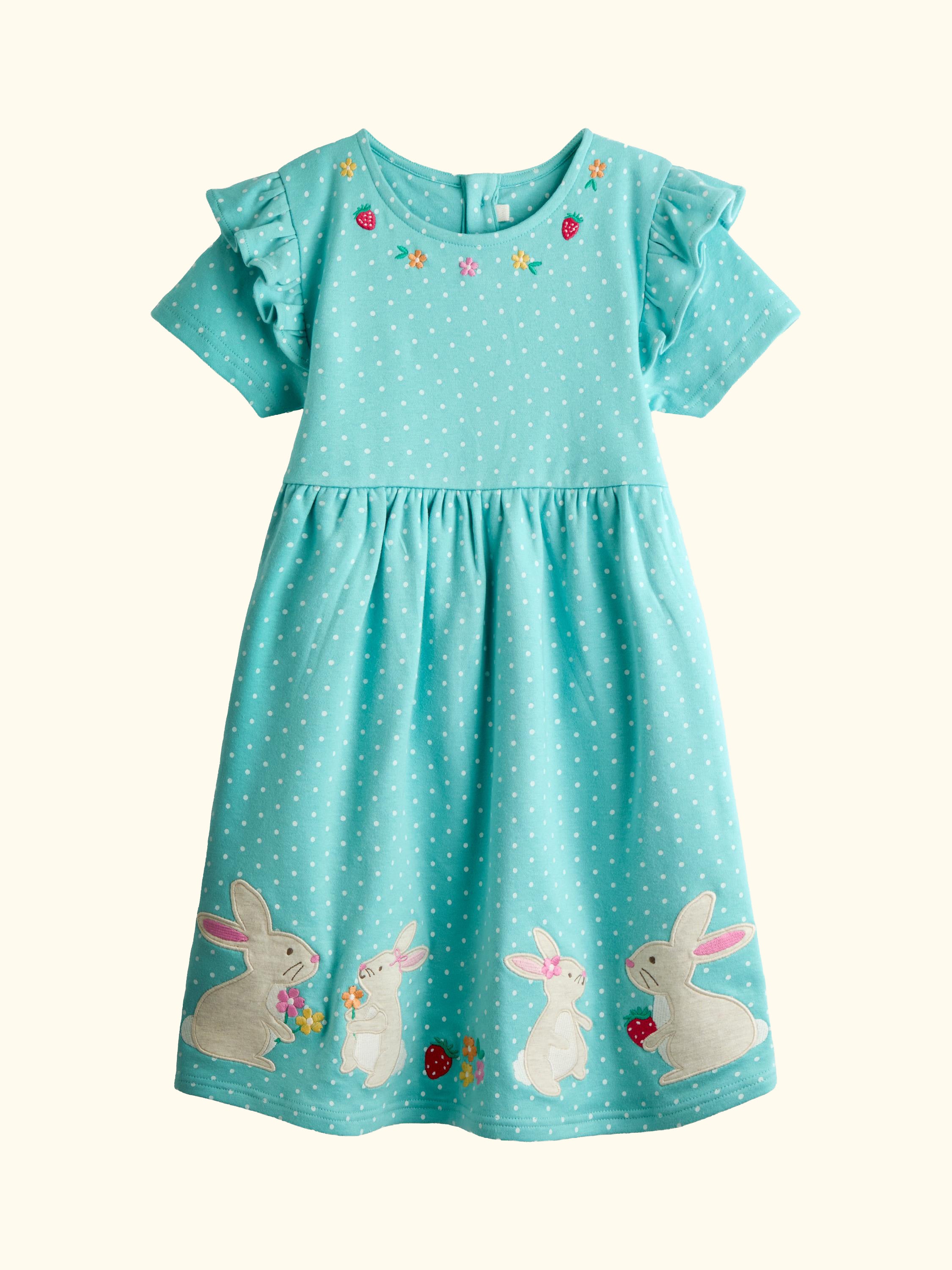 Kids' Appliqué Frill Short Sleeve Dress, Duck Egg Blue