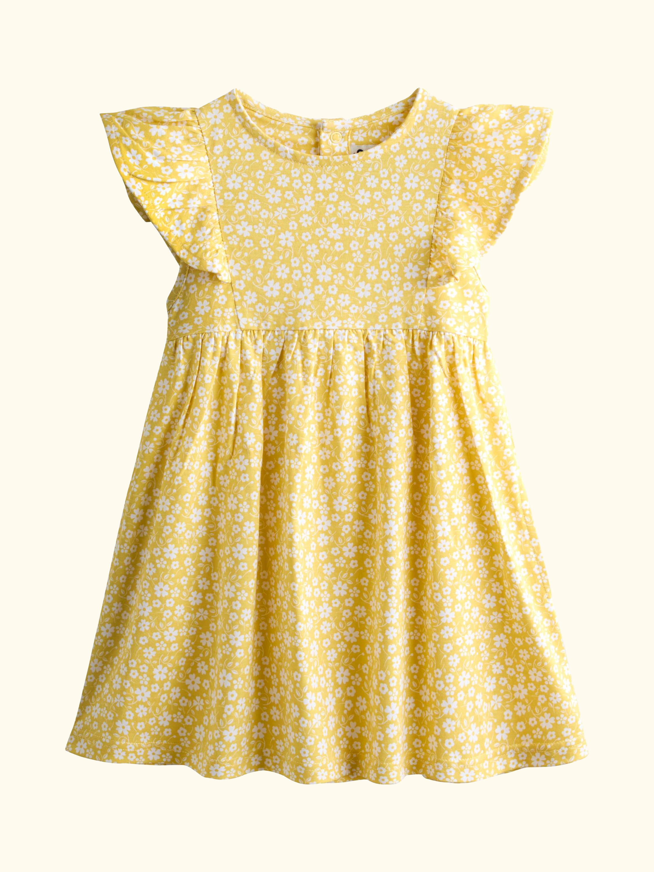 Kids' Short Sleeve Ditsy Floral Dress, Bright Yellow