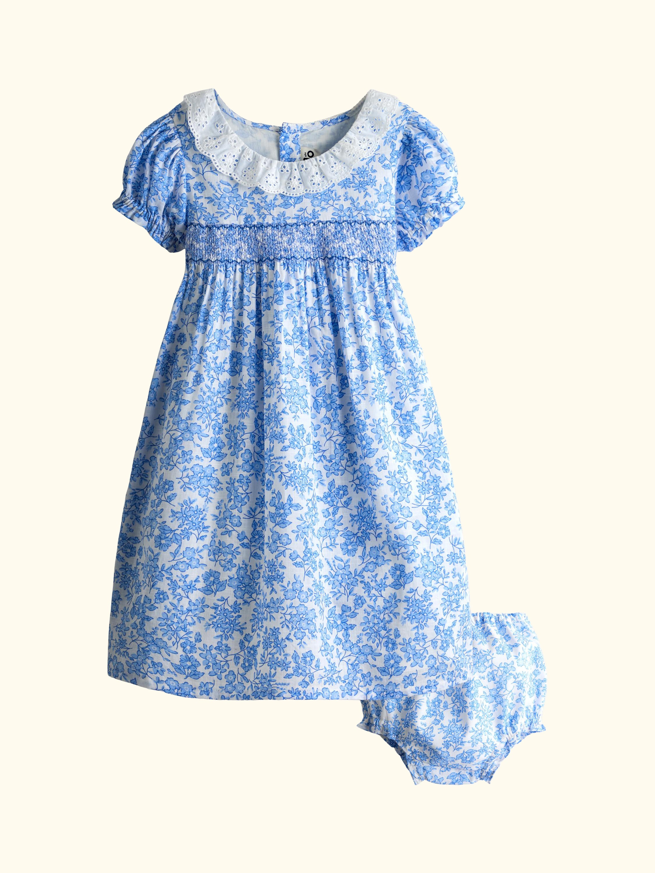 Kids' Floral Smocked Woven Dress, Mid Blue