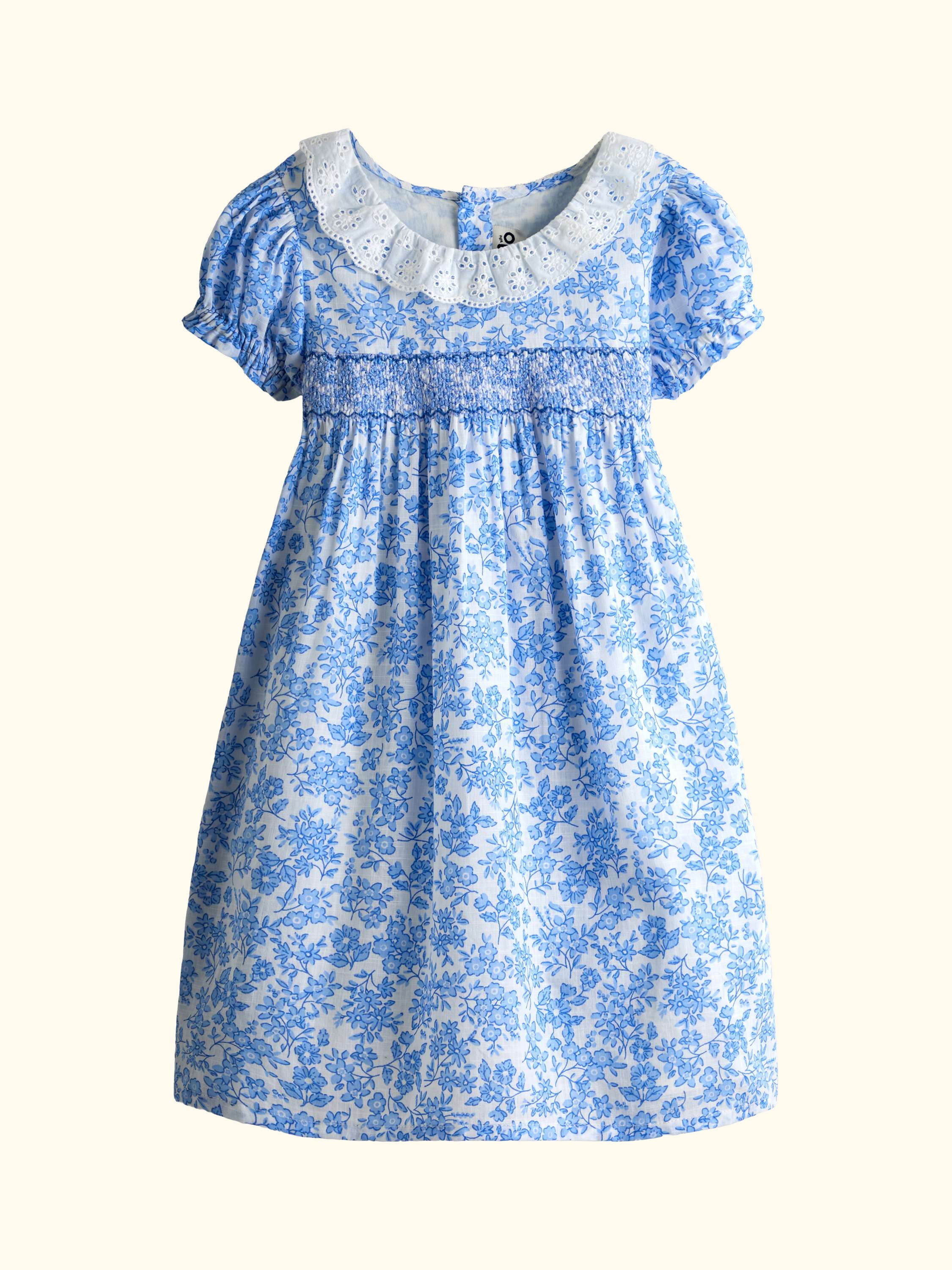 Kids' Floral Smocked Woven Dress, Mid Blue