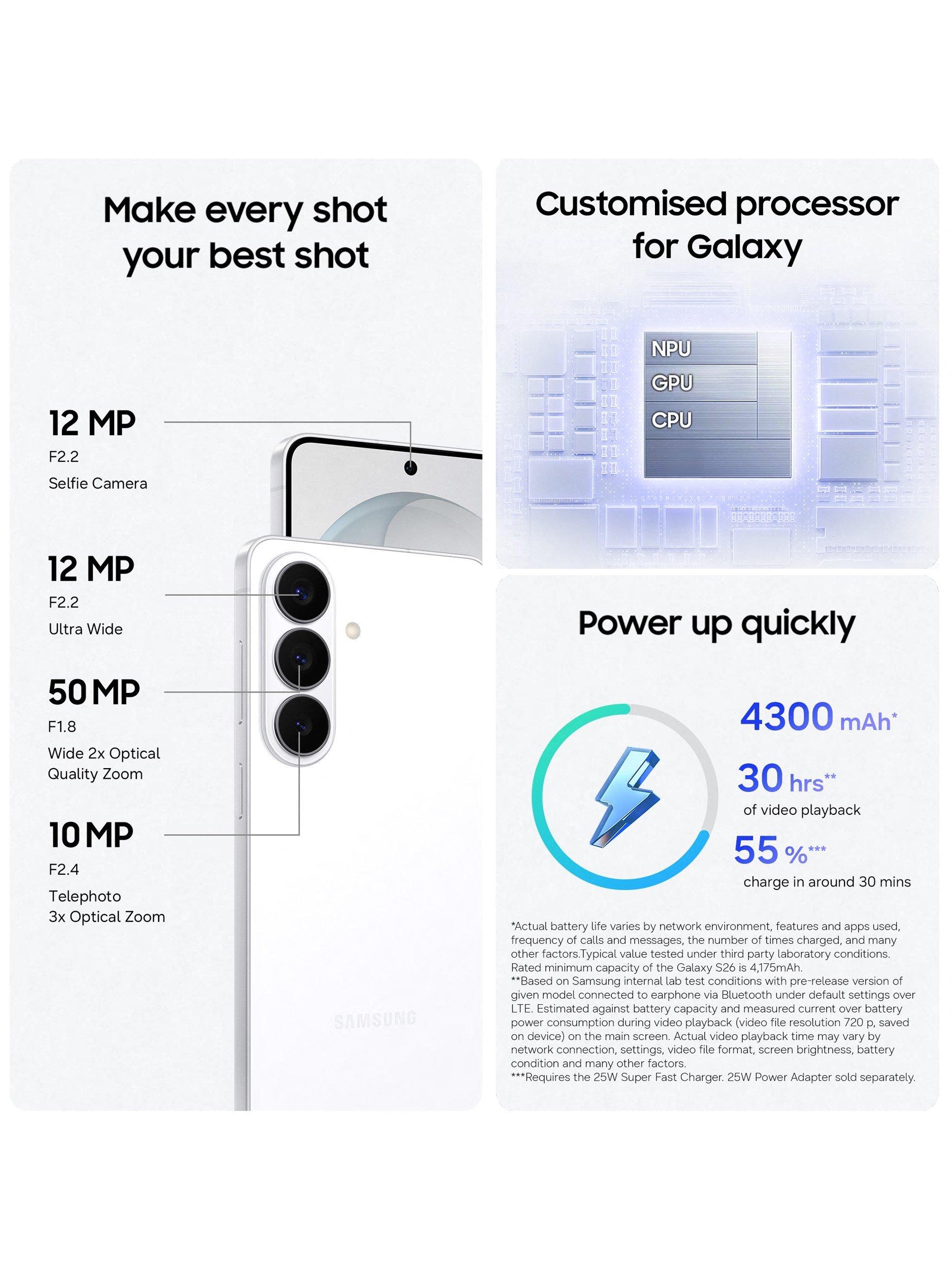 Galaxy S26 Smartphone, 12GB RAM, 6.3”, Galaxy AI, 5G, SIM Free, White