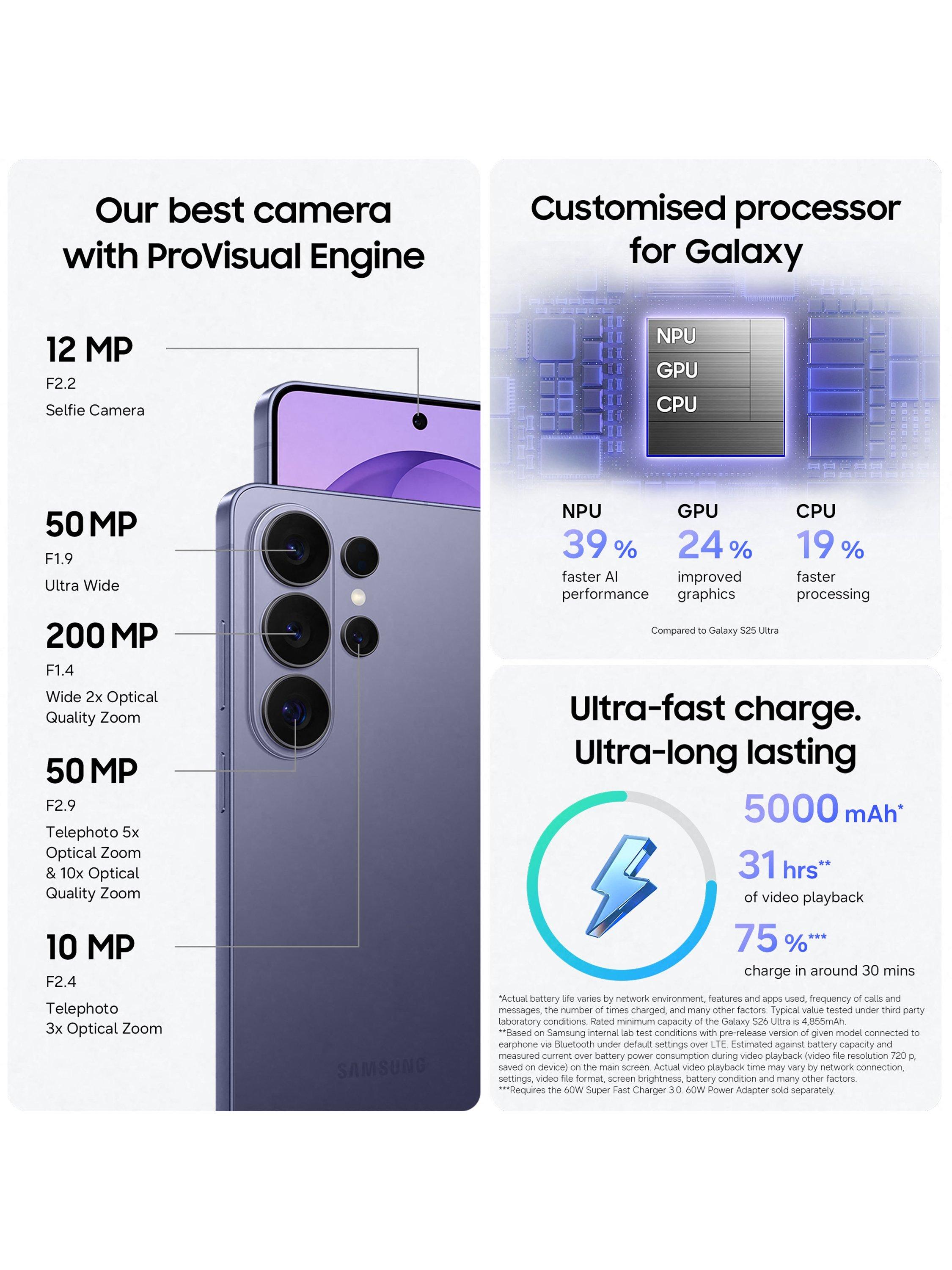 Galaxy S26 Ultra Smartphone with Bluetooth S Pen, 16GB RAM, 6.9”, Galaxy AI, 5G, SIM Free, Cobalt Violet