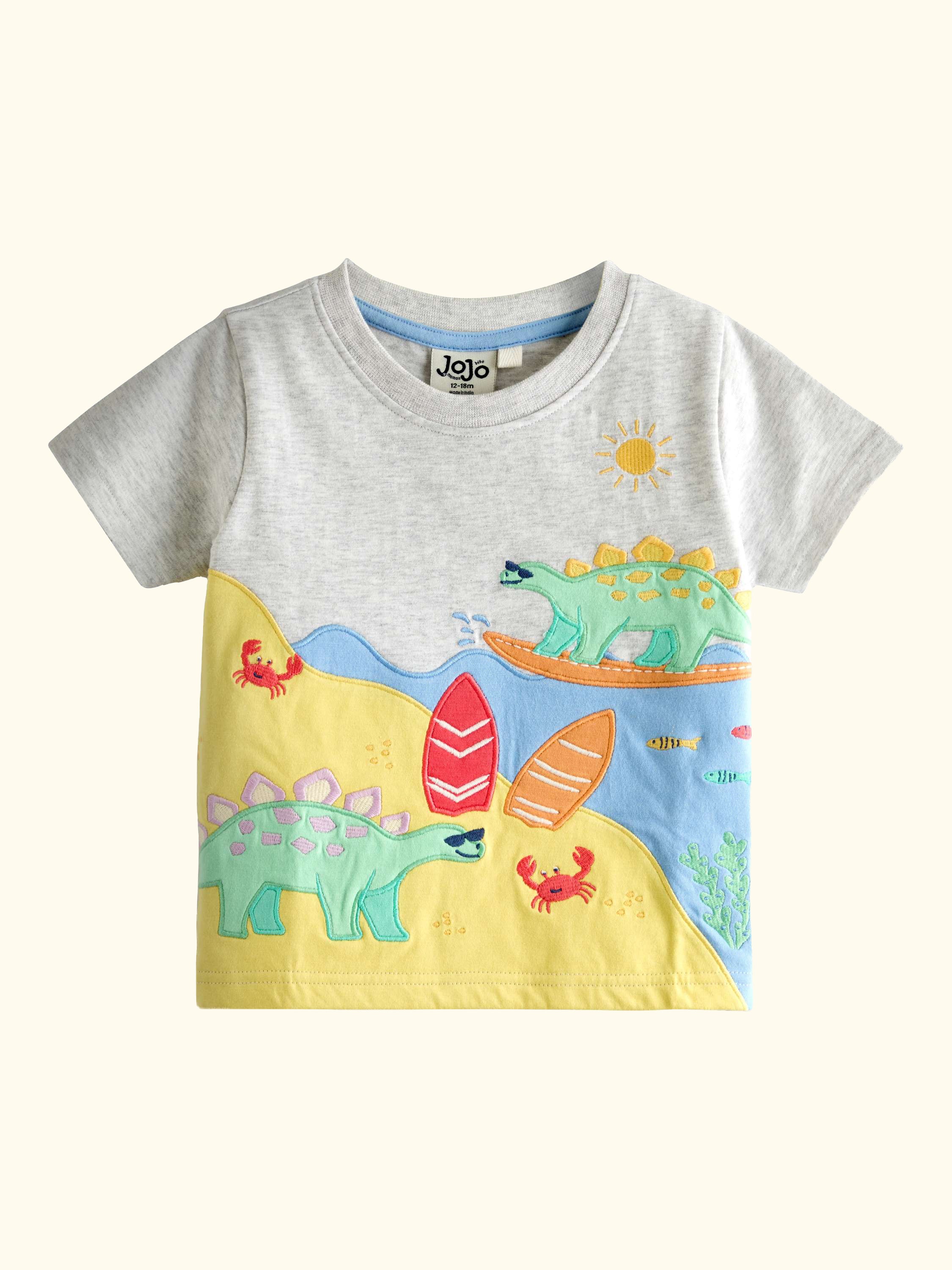 Kids' Surfing Dino Scene Applique T-Shirt, Light Grey Marl
