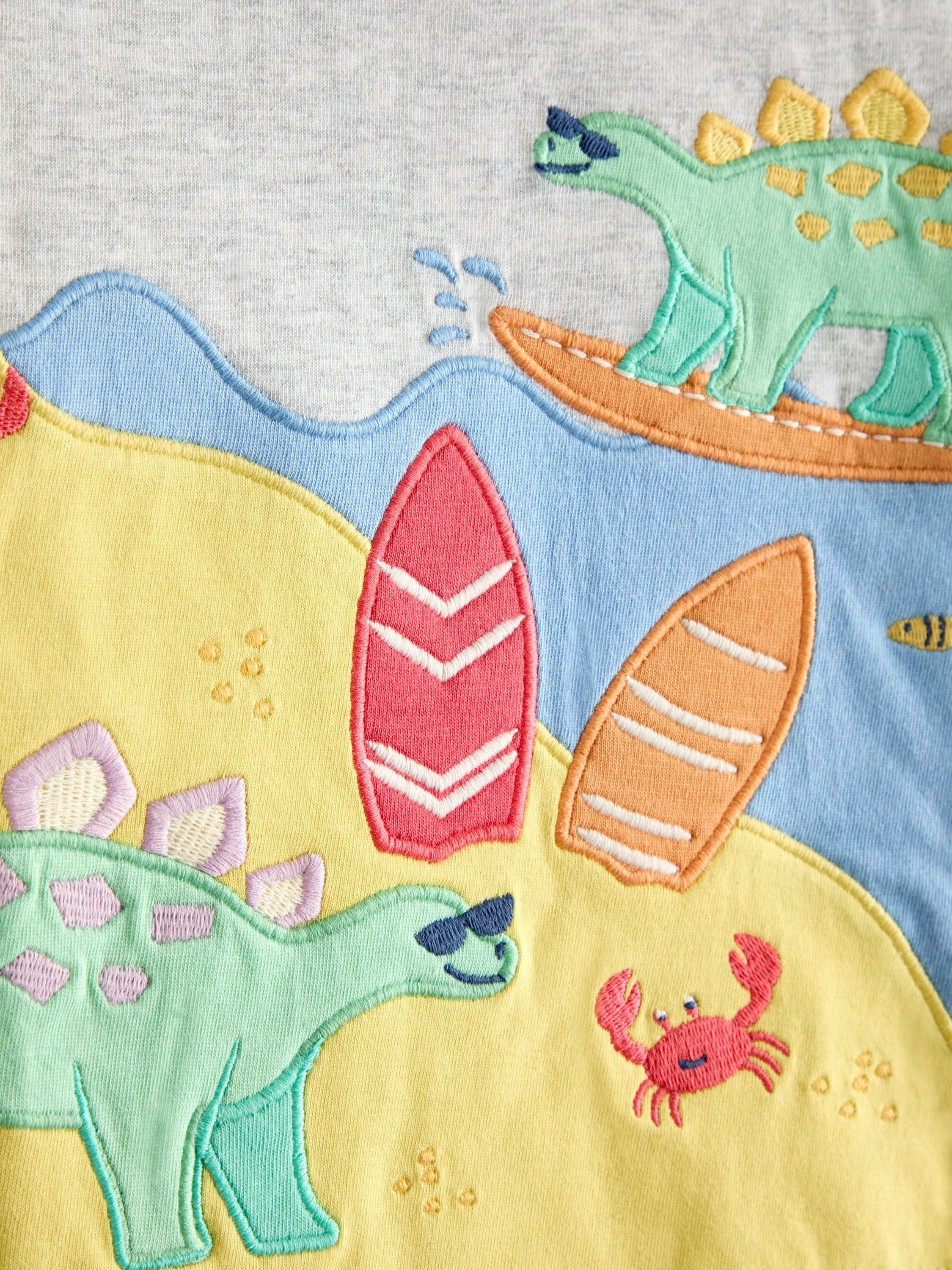 Kids' Surfing Dino Scene Applique T-Shirt, Light Grey Marl