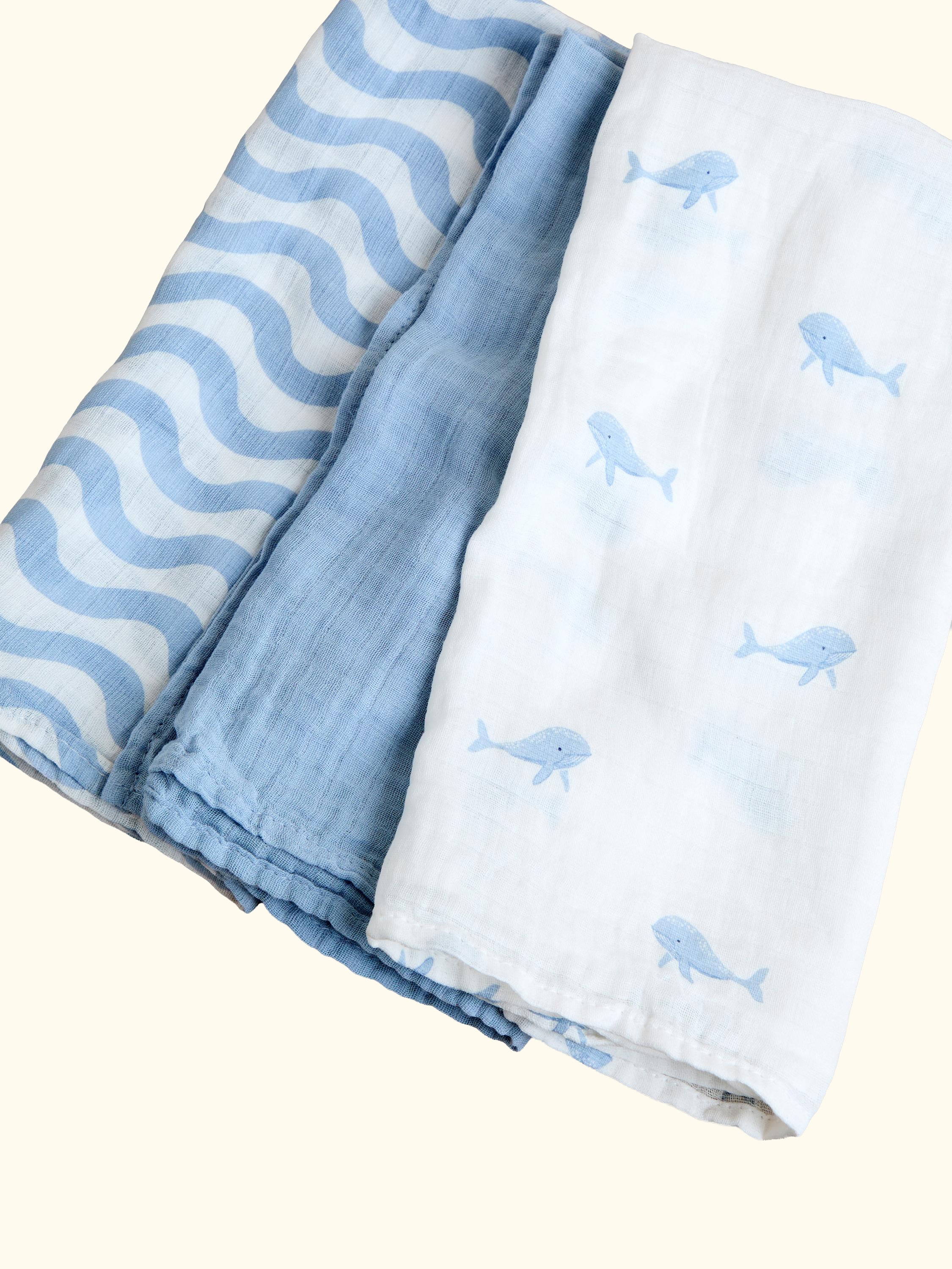 Whale Stripe Muslin Cloth, Pack of 3, Mid Blue
