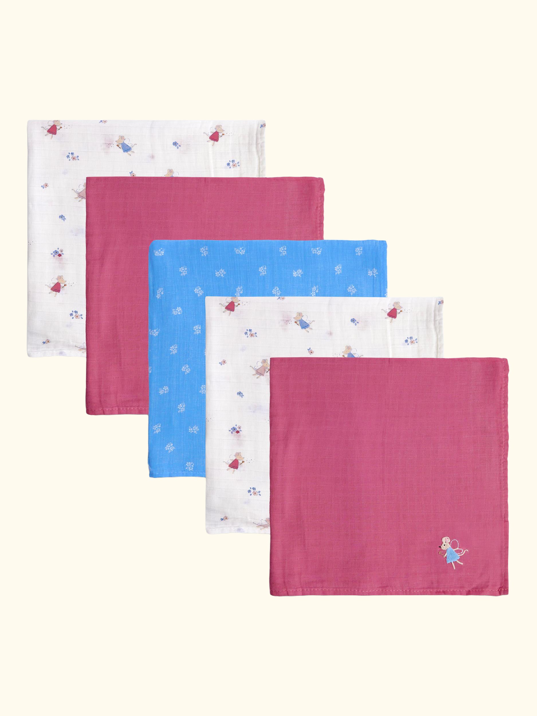 Fairy Mouse Embroidered Muslin Cloths, Pack of 5, Pink/Multi