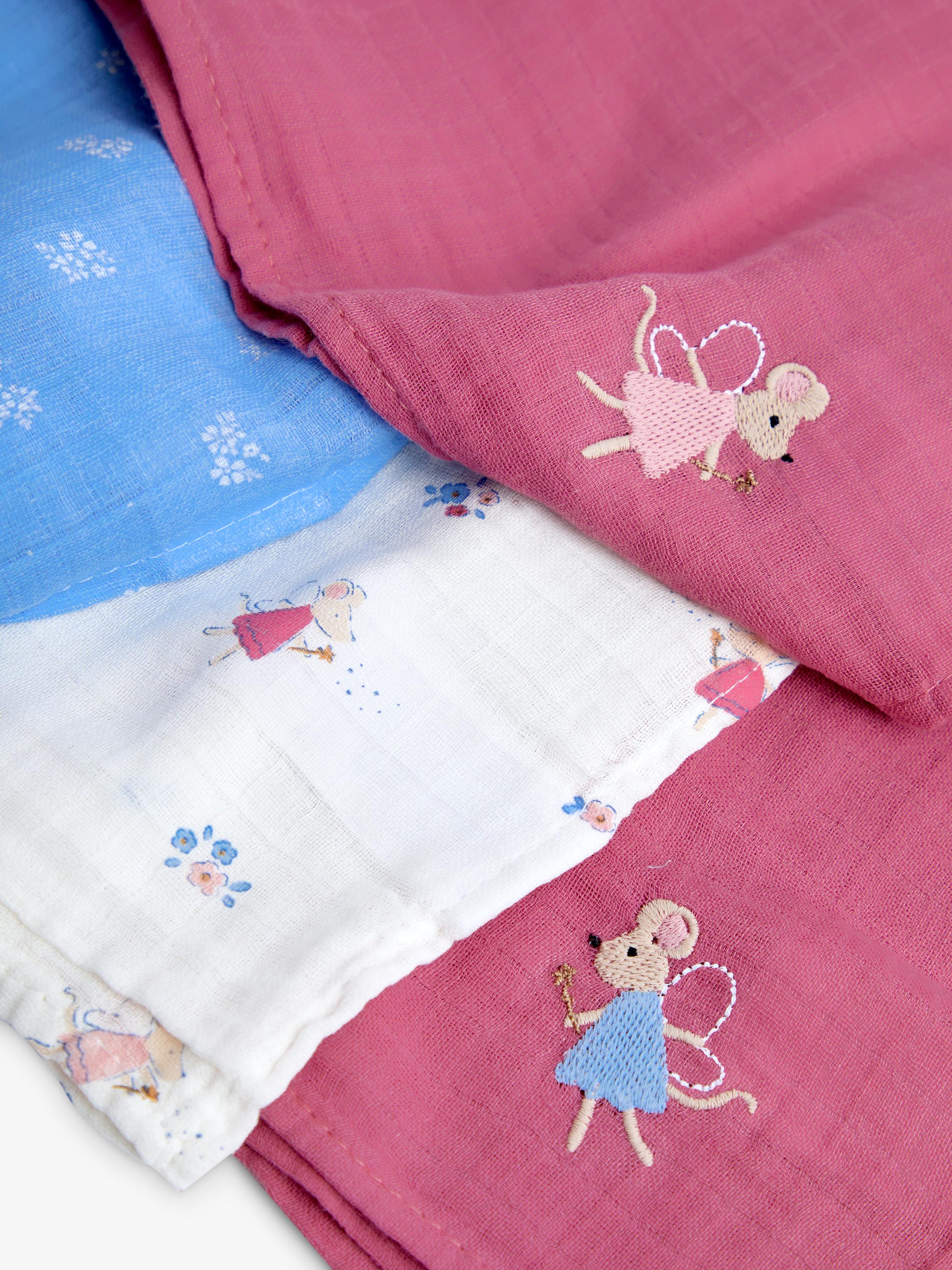 Fairy Mouse Embroidered Muslin Cloths, Pack of 5, Pink/Multi