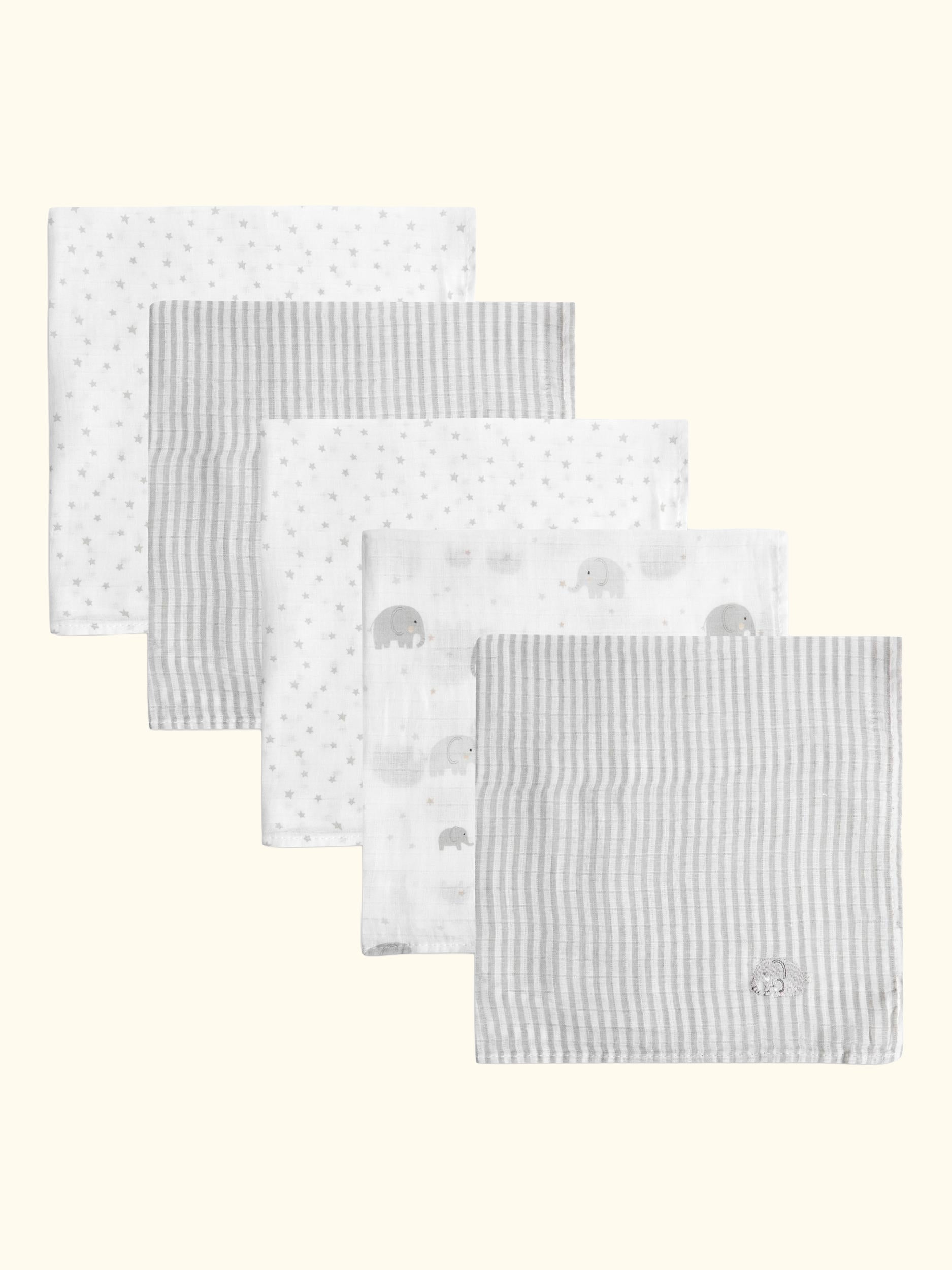 Newborn Embroidered Muslin Cloths, Pack of 5, White/Grey