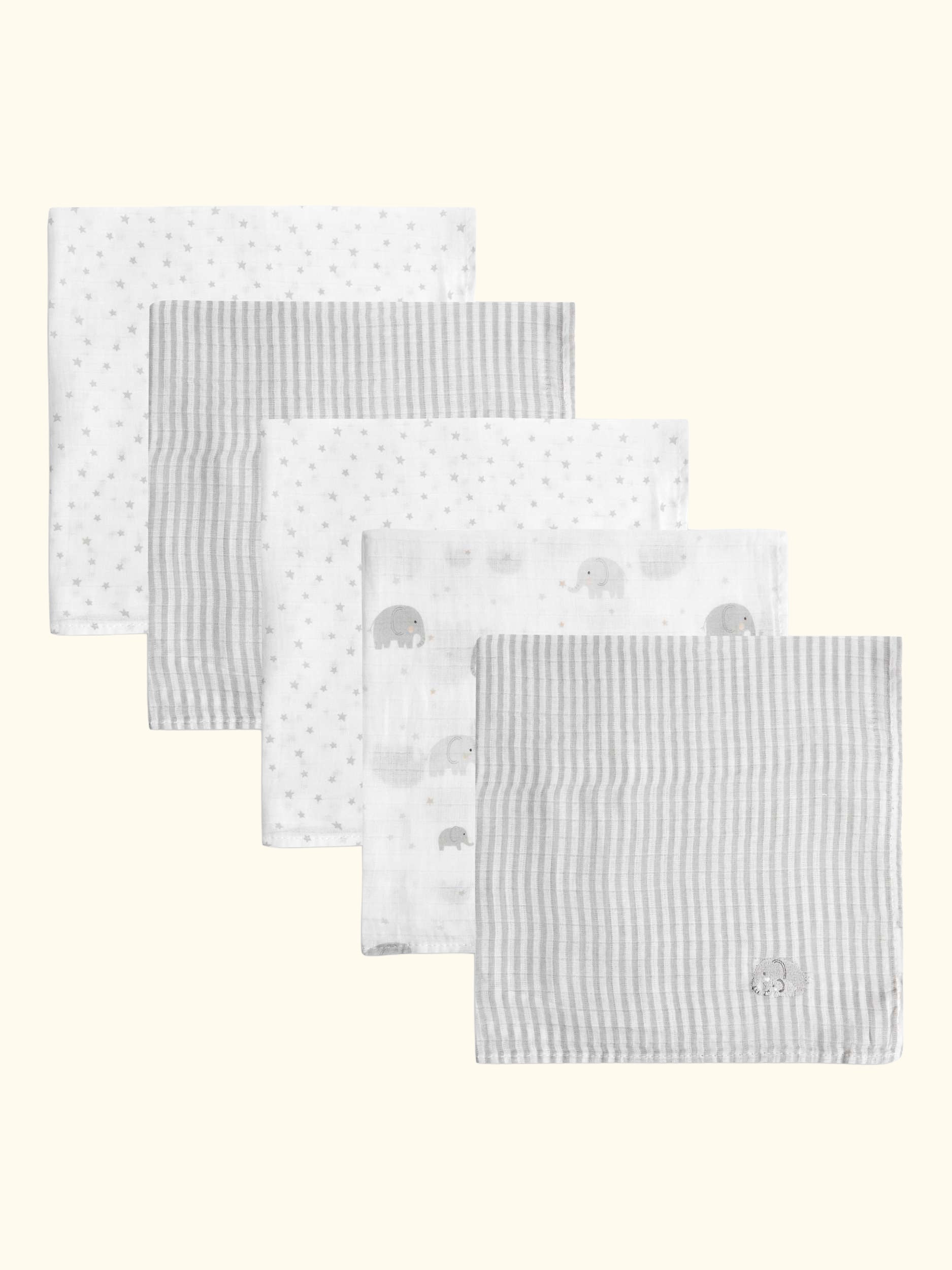 Newborn Embroidered Muslin Cloths, Pack of 5, White/Grey